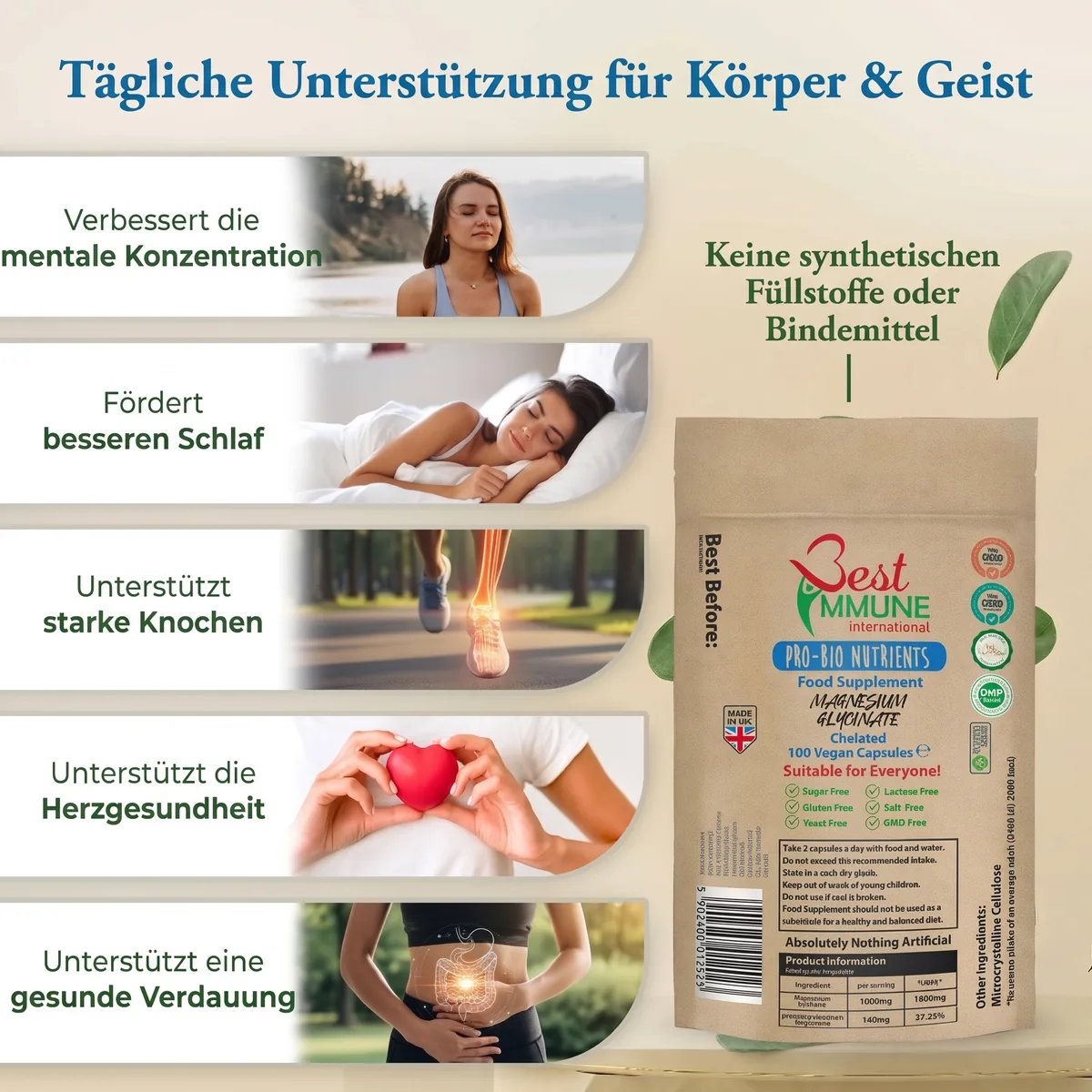 Verbessertes Magnesiumglycinat 500 mg – ohne künstliche Zusätze, 100 vegane Kapseln, Öko-Packung Magnesiumglycinat-Beutel neben einer Infografik mit verschiedenen Anwendungsbereichen.