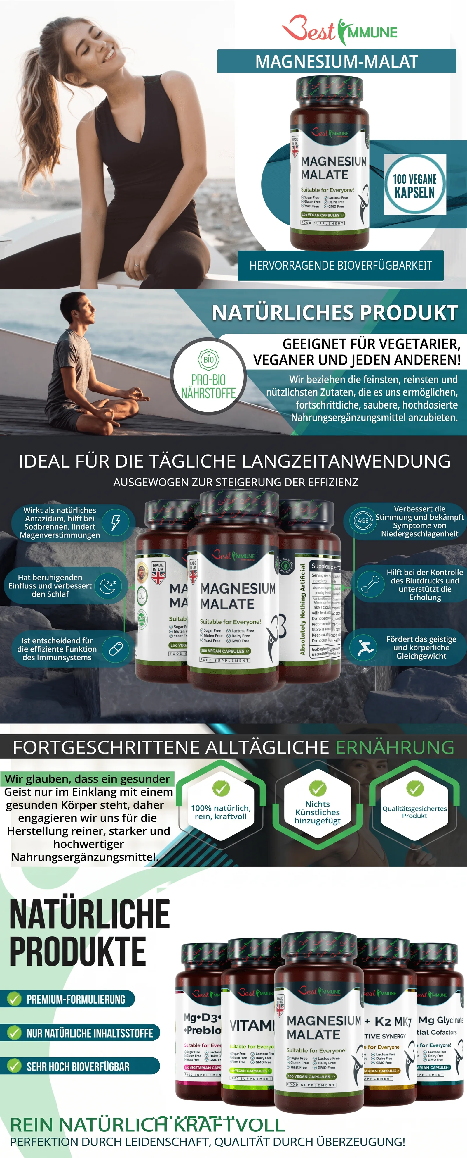 Infografik zu Best Immune Magnesium-Malat mit Vorteilen, Produkteigenschaften und Qualitätsversprechen.
