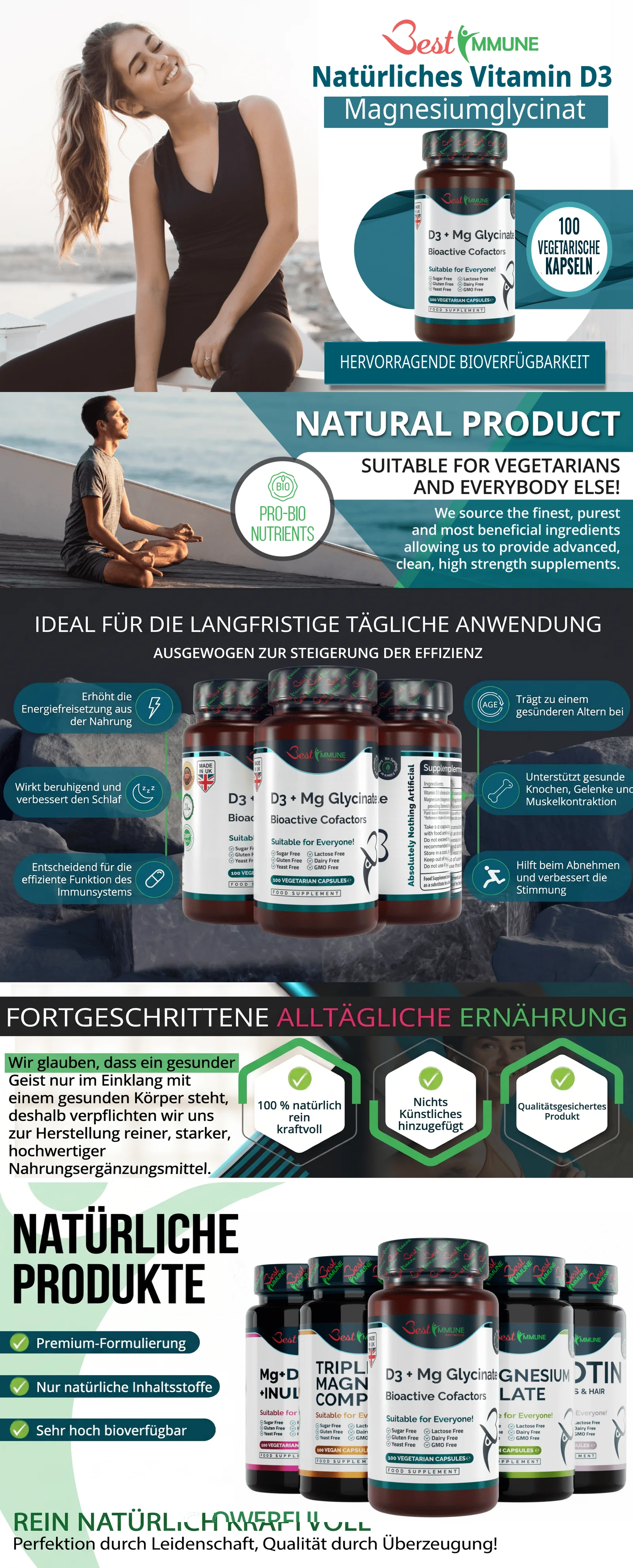 Infografik zum Nahrungsergänzungsmittel Vitamin D3 und Magnesiumglycinat mit Vorteilen und Inhaltsstoffen.