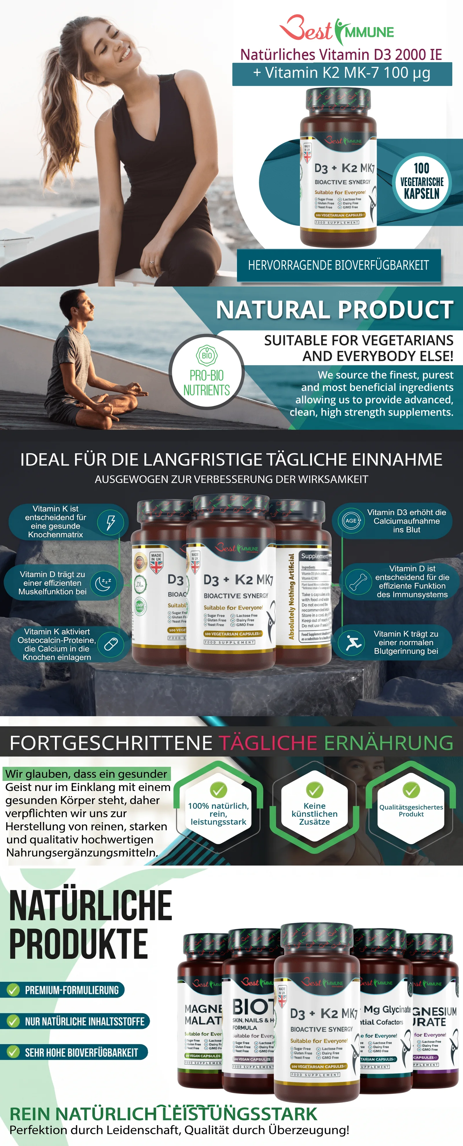 Produktgrafik für natürliches Vitamin D3 und K2 von Best Immune mit Vorteilen, Dosierung und Produkteigenschaften.