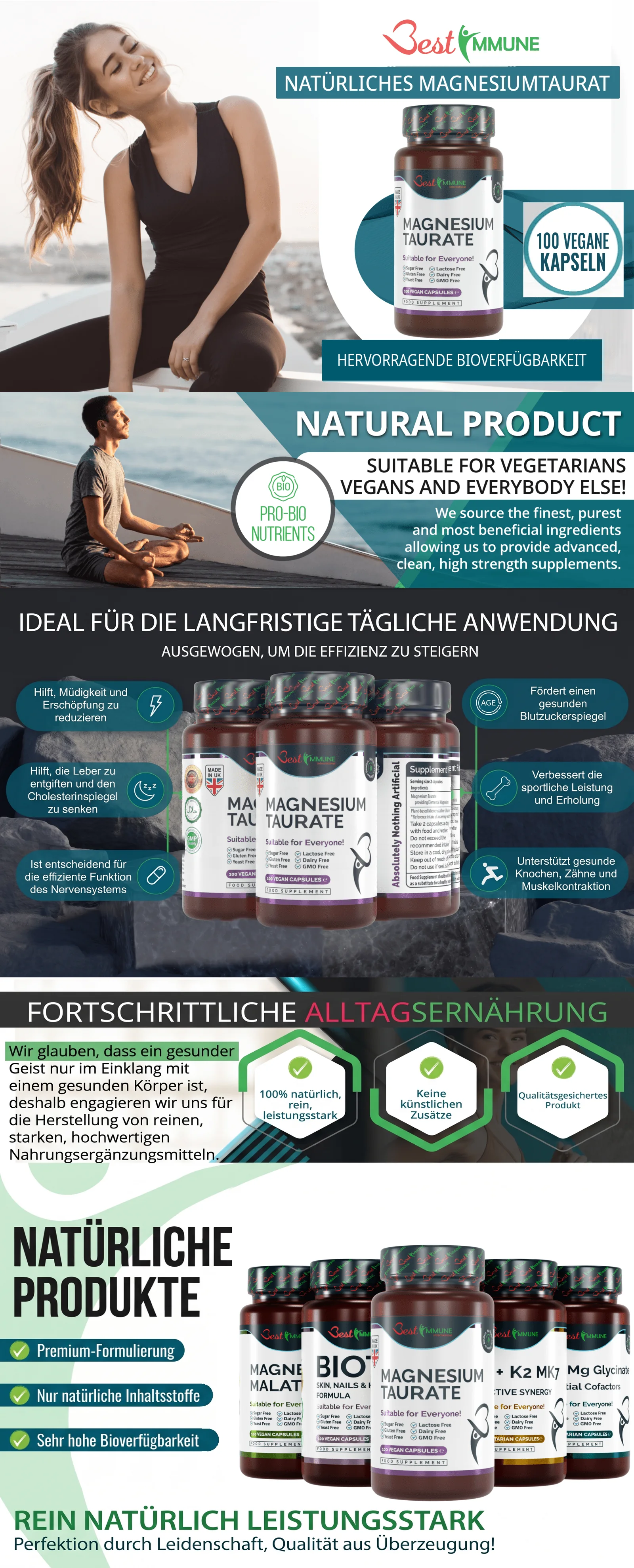 Infografik zu natürlichem Magnesiumtaurat mit Produktvorteilen, Eigenschaften und Anwendungsbereichen.