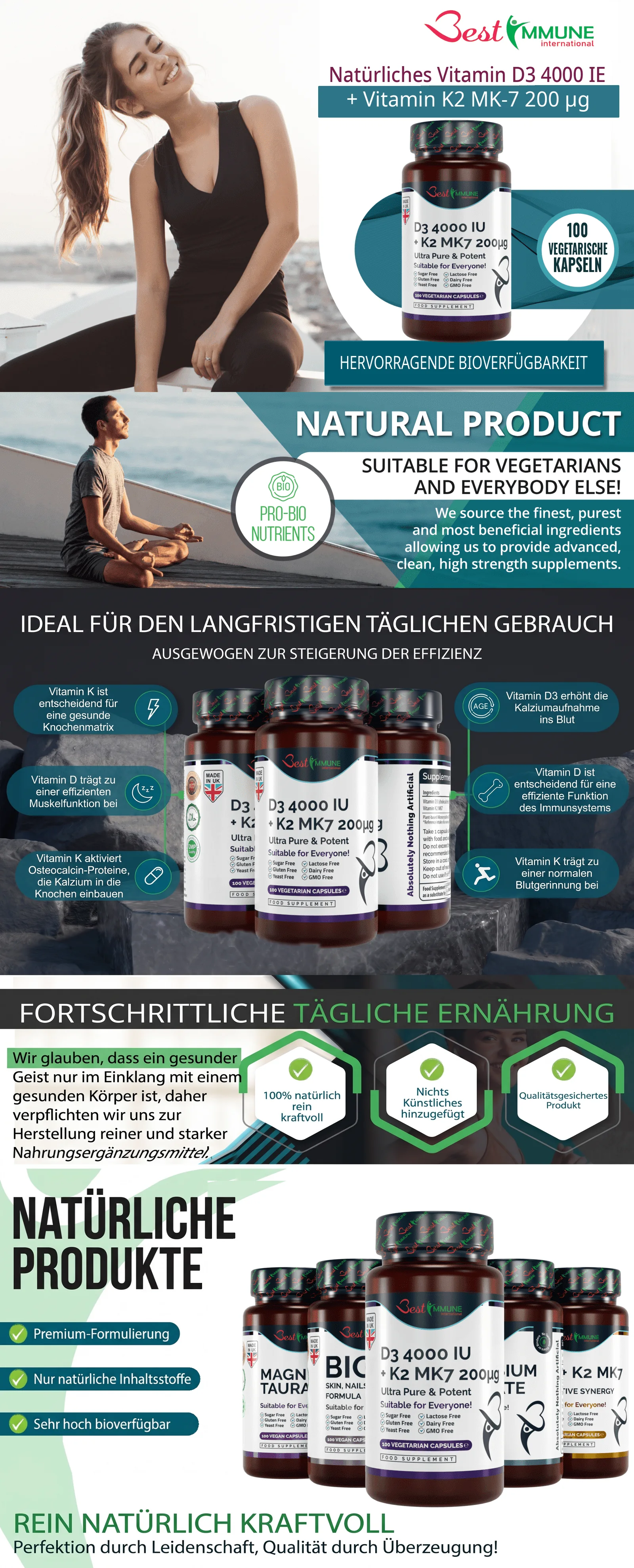Infografik zu Best Immune Vitamin D3 und K2 MK-7 Kapseln mit Produkteigenschaften und Vorteilen.