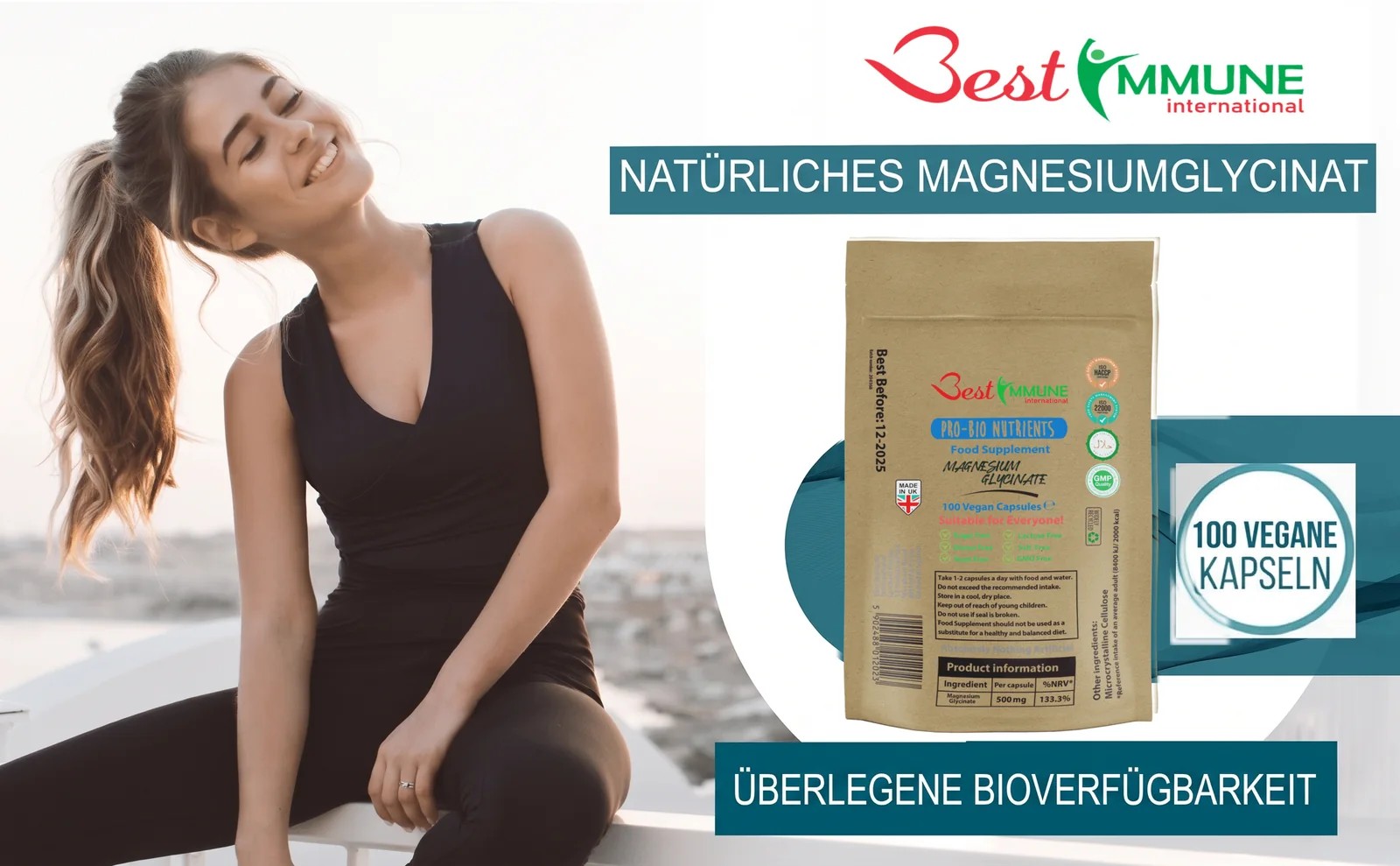 Sportliche Frau neben einer Packung natürliches Magnesiumglycinat mit 100 veganen Kapseln.