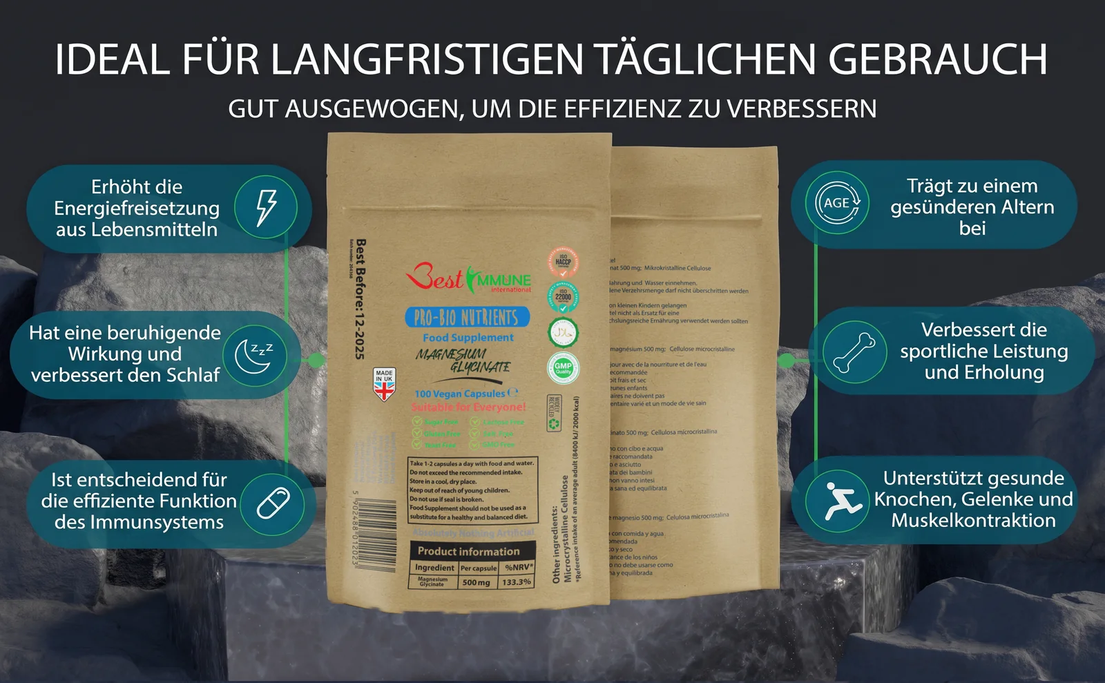 Produktgrafik für Magnesium-Glycinat mit Vorteilen für Energie, Schlaf, Immunsystem und Muskeln.