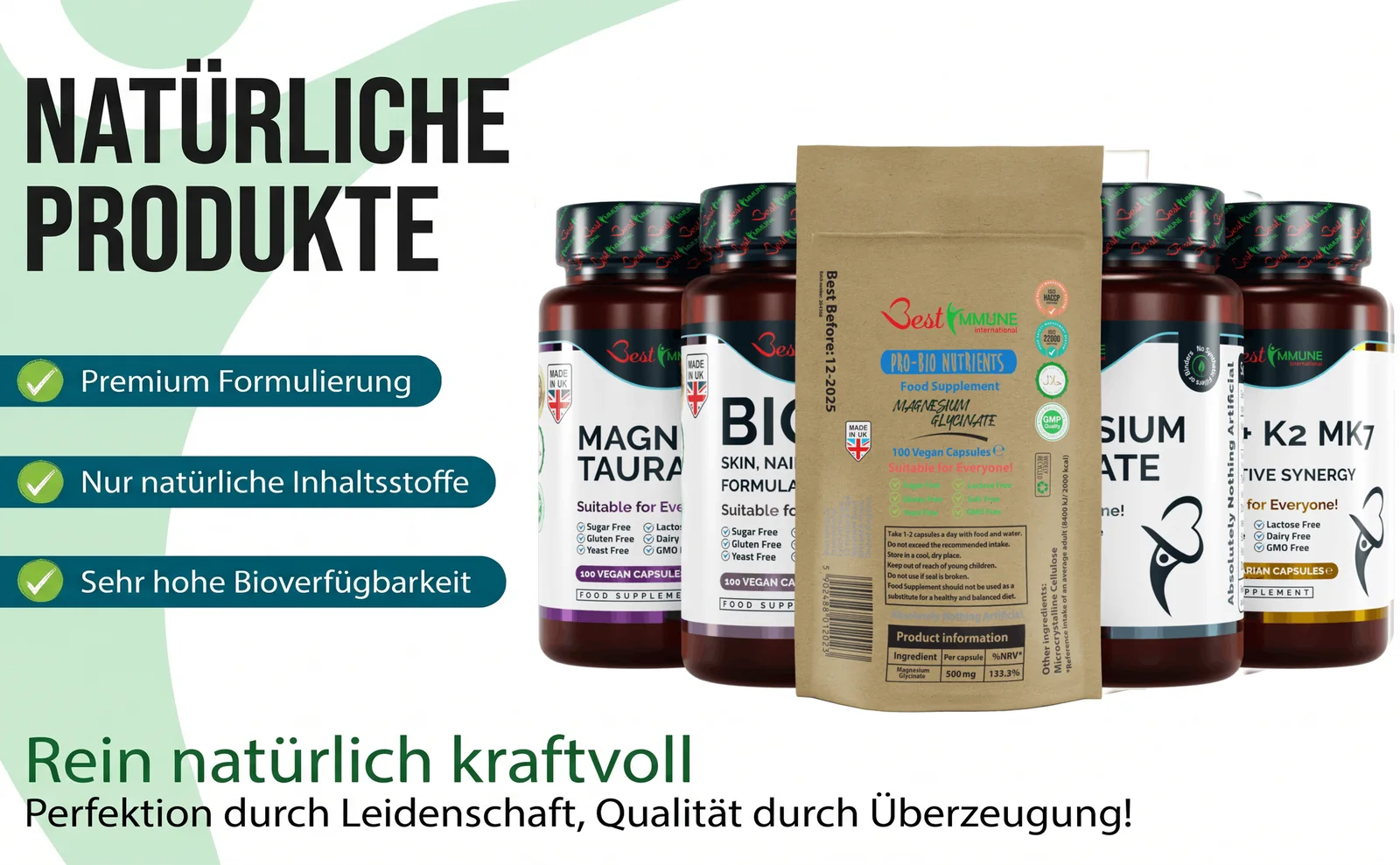 Übersicht natürlicher Nahrungsergänzungsmittel mit Produktflaschen und Beuteln.