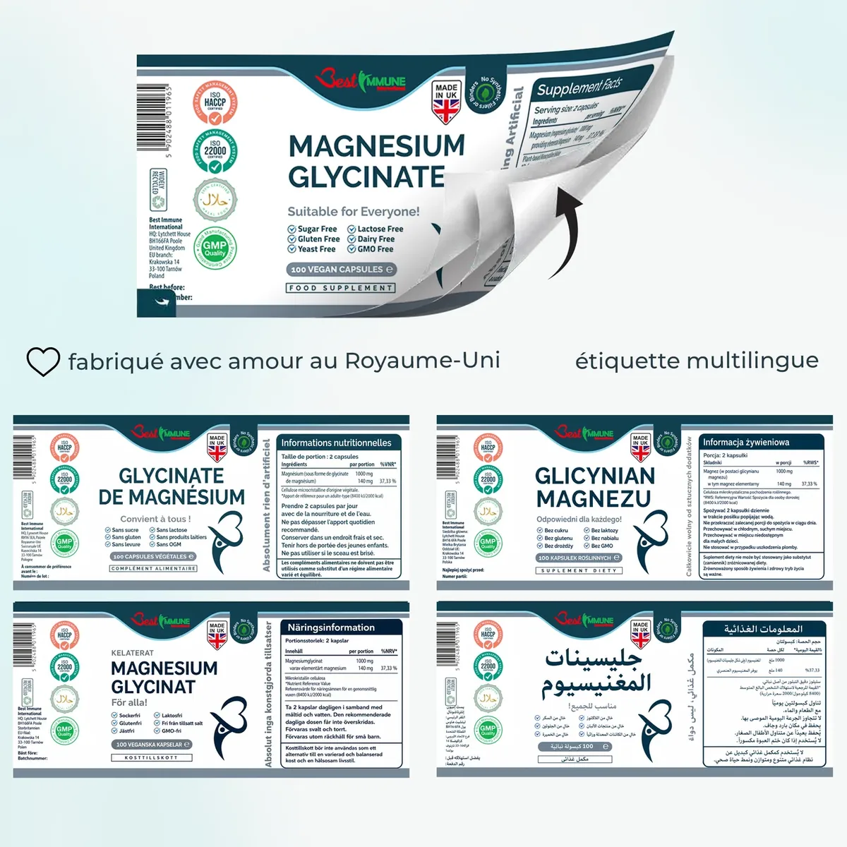 Bisglicinato de magnesio mejorado 500mg, sin nada artificial, 100 cápsulas veganas Etiqueta desplegable del suplemento con información nutricional en varios idiomas.