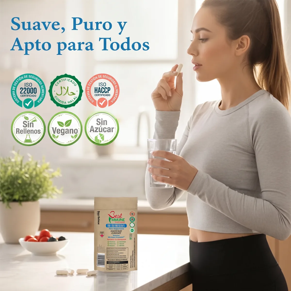 Bisglicinato de magnesio mejorado 500mg, sin nada artificial, 100 cápsulas veganas Una mujer toma una cápsula con un vaso de agua junto al paquete del suplemento.