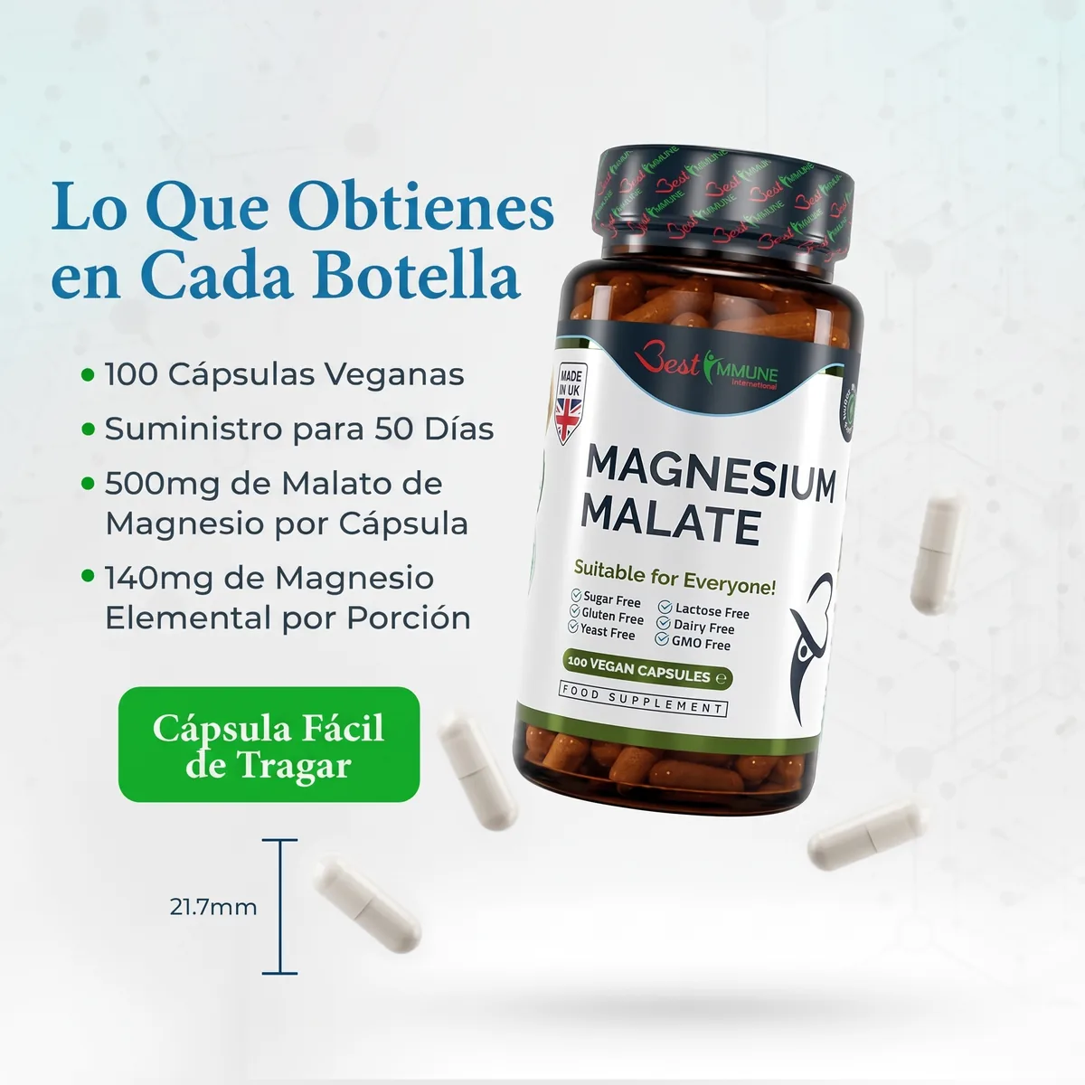 Malato de magnesio natural 500mg, calidad premium, potencia ideal, 100 cápsulas veganas Frasco de malato de magnesio con cápsulas, tamaño de 21,7 mm y lista de especificaciones.