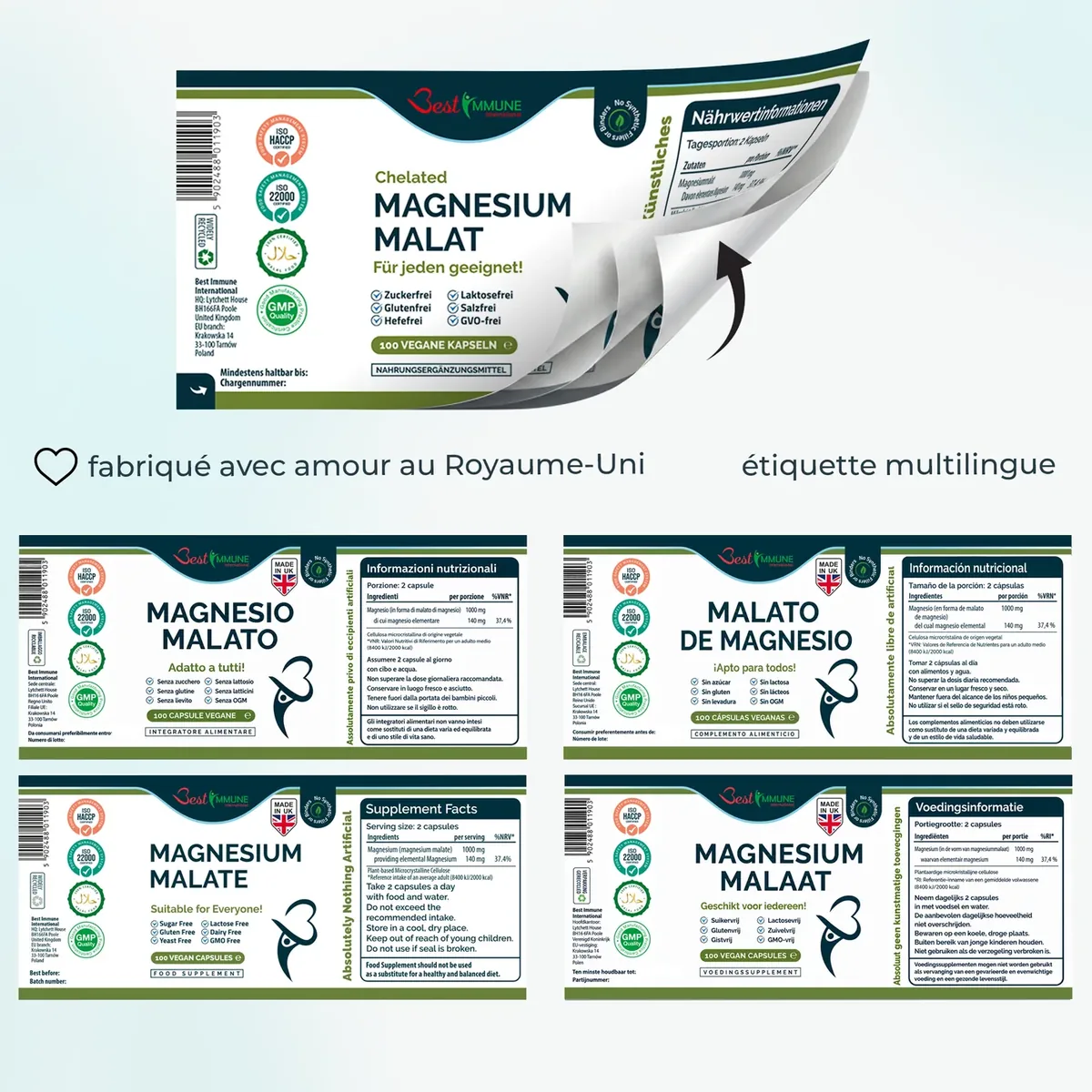 Malato de magnesio natural 500mg, calidad premium, potencia ideal, 100 cápsulas veganas Etiqueta desplegable del suplemento con información nutricional en varios idiomas.