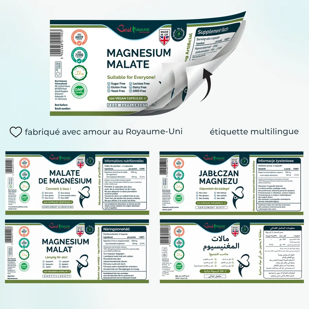Malato de magnesio natural 500mg, calidad premium, potencia ideal, 100 cápsulas veganas Etiqueta desplegable multilingüe con la información nutricional del malato de magnesio.