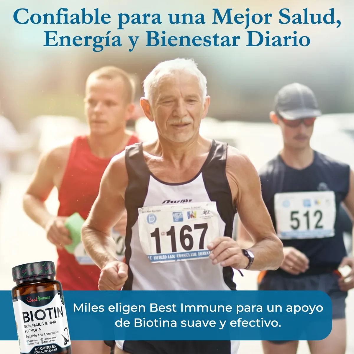 Biotina, fórmula para cabello, piel y uñas, calidad premium, producto natural Hombre corriendo en una carrera junto al frasco del suplemento de biotina Best Immune.