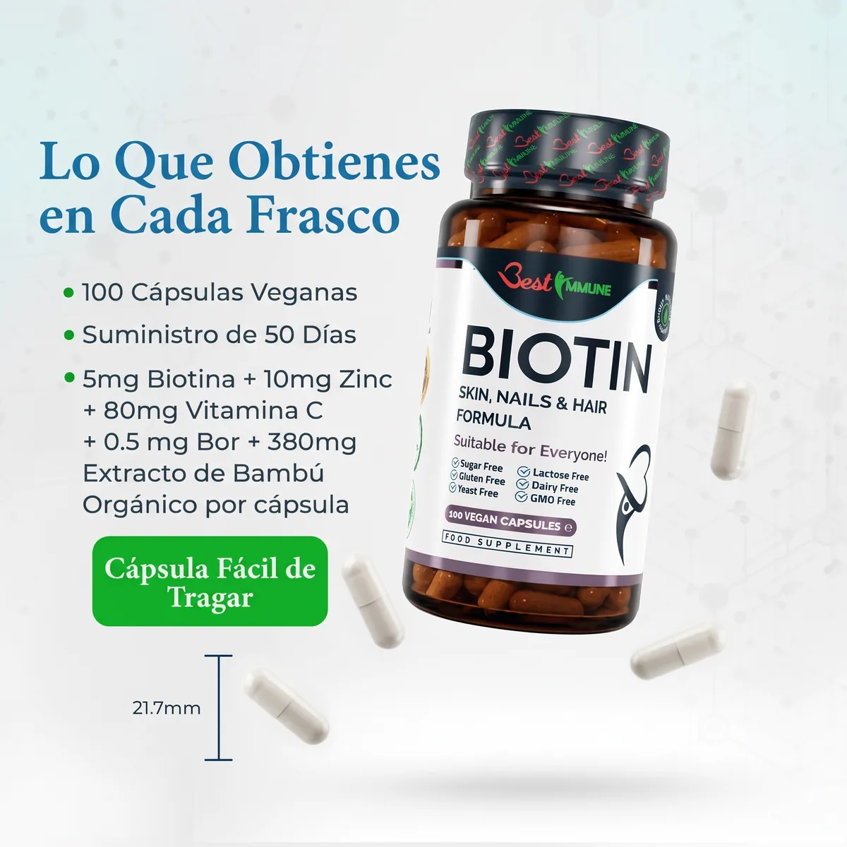 Biotina, fórmula para cabello, piel y uñas, calidad premium, producto natural Frasco de cápsulas de biotina con lista de contenido y medida de 21,7 mm de la cápsula.