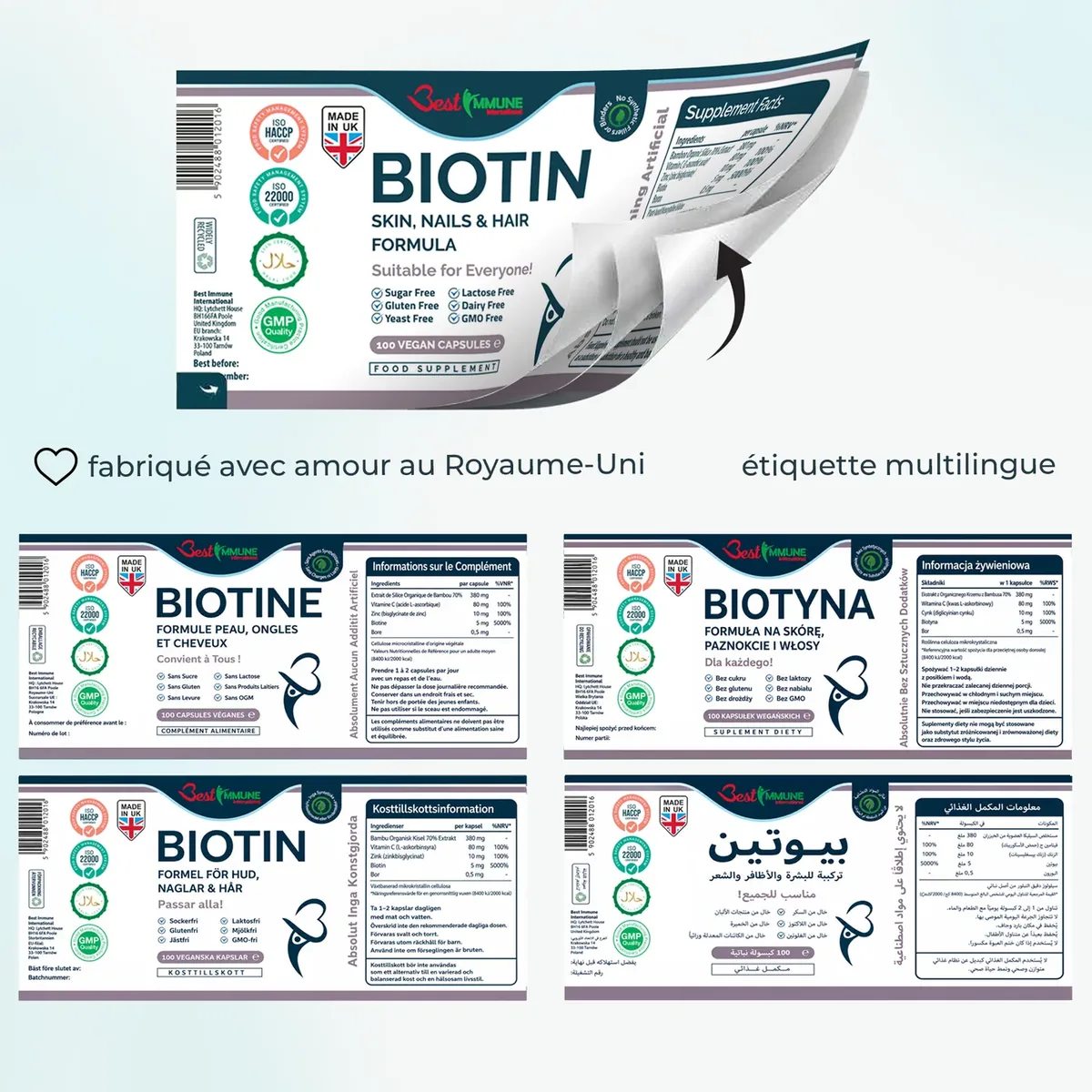 Biotina, fórmula para cabello, piel y uñas, calidad premium, producto natural Etiqueta despegable multilingüe con la información nutricional del suplemento de biotina.