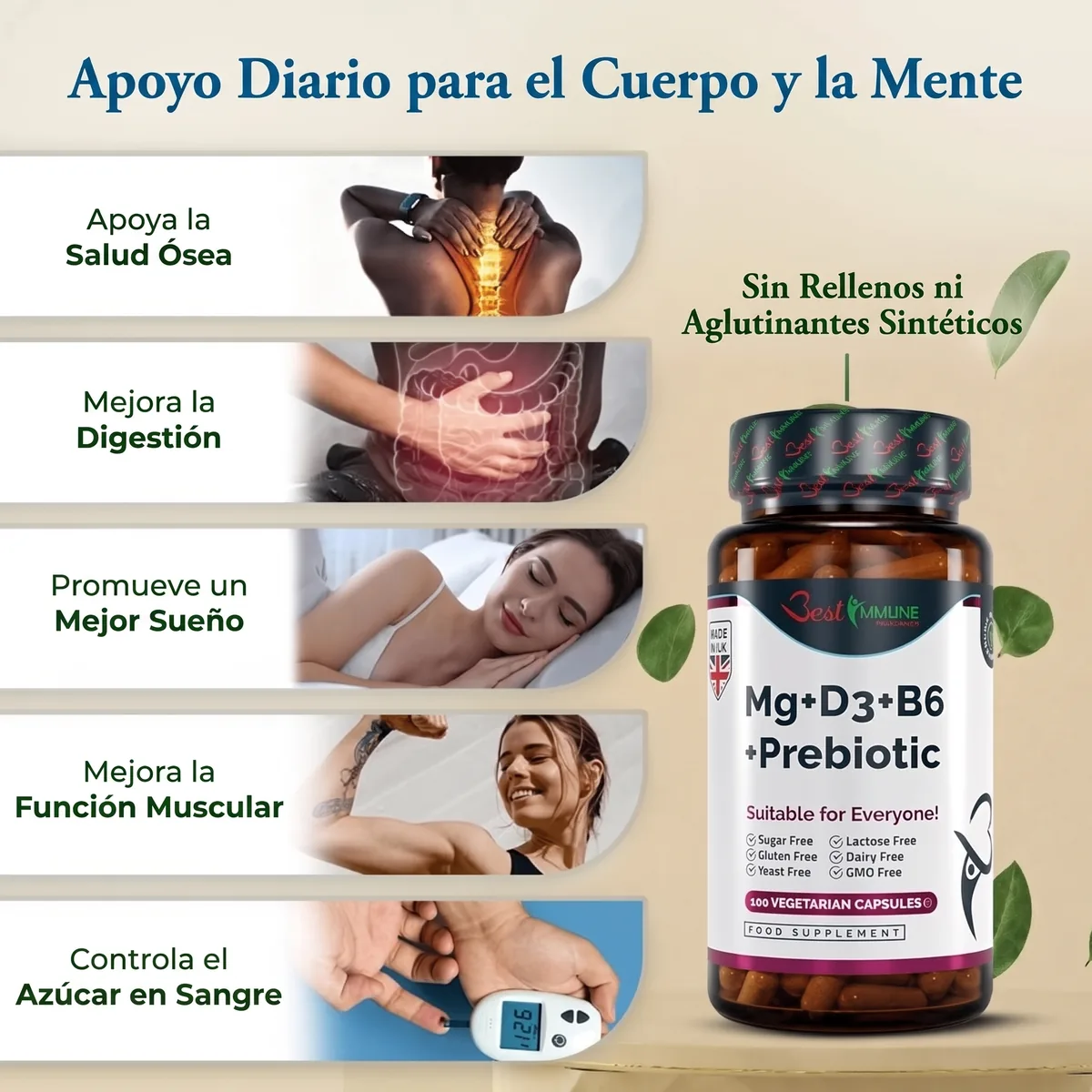 Immune Boost: magnesio, vitaminas B6 y D3 e inulina prebiótica, complejo natural Frasco del suplemento junto a una infografía con una lista de beneficios.