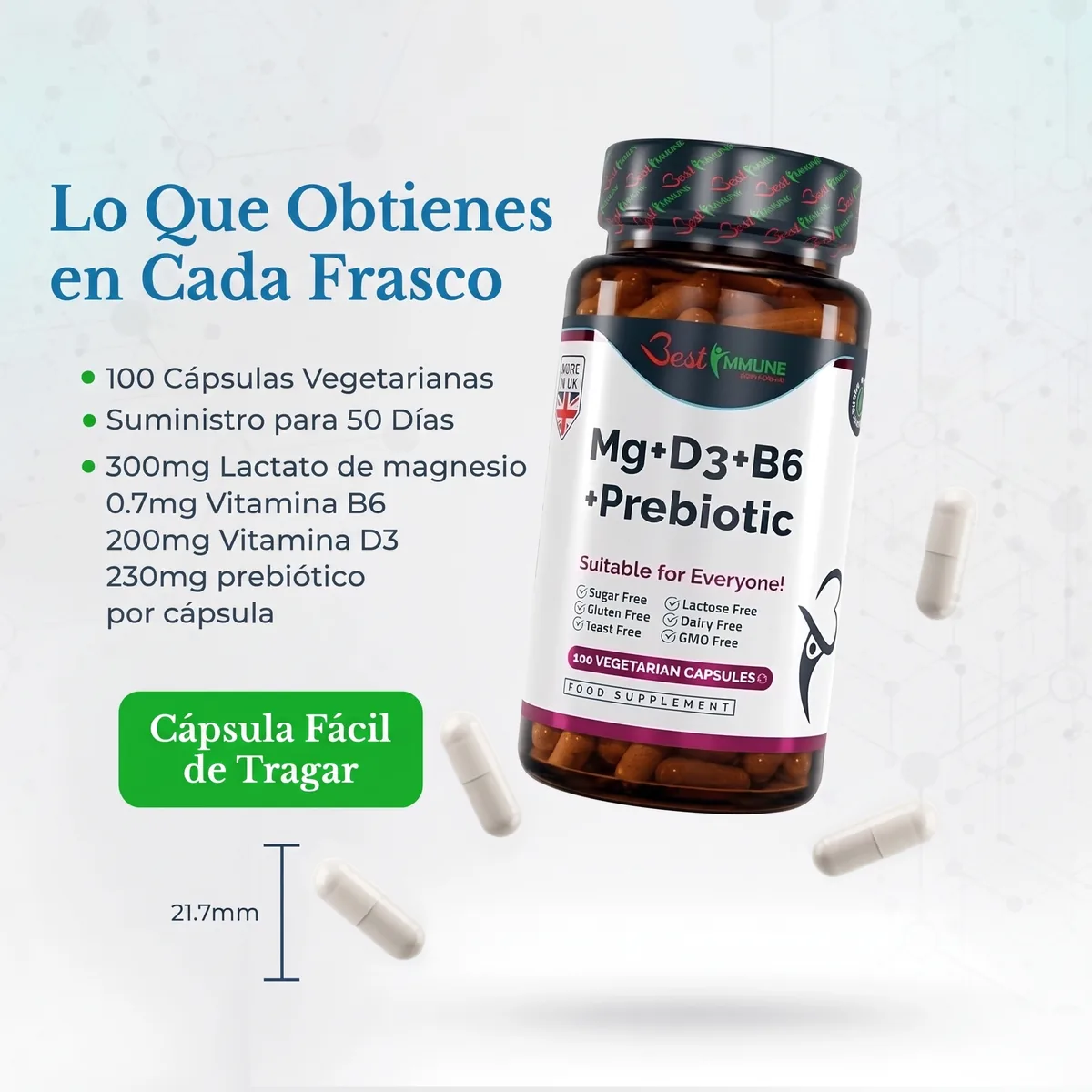 Immune Boost: magnesio, vitaminas B6 y D3 e inulina prebiótica, complejo natural Frasco de suplemento Mg+D3+B6+Prebiotic con detalles de contenido y tamaño de cápsula.