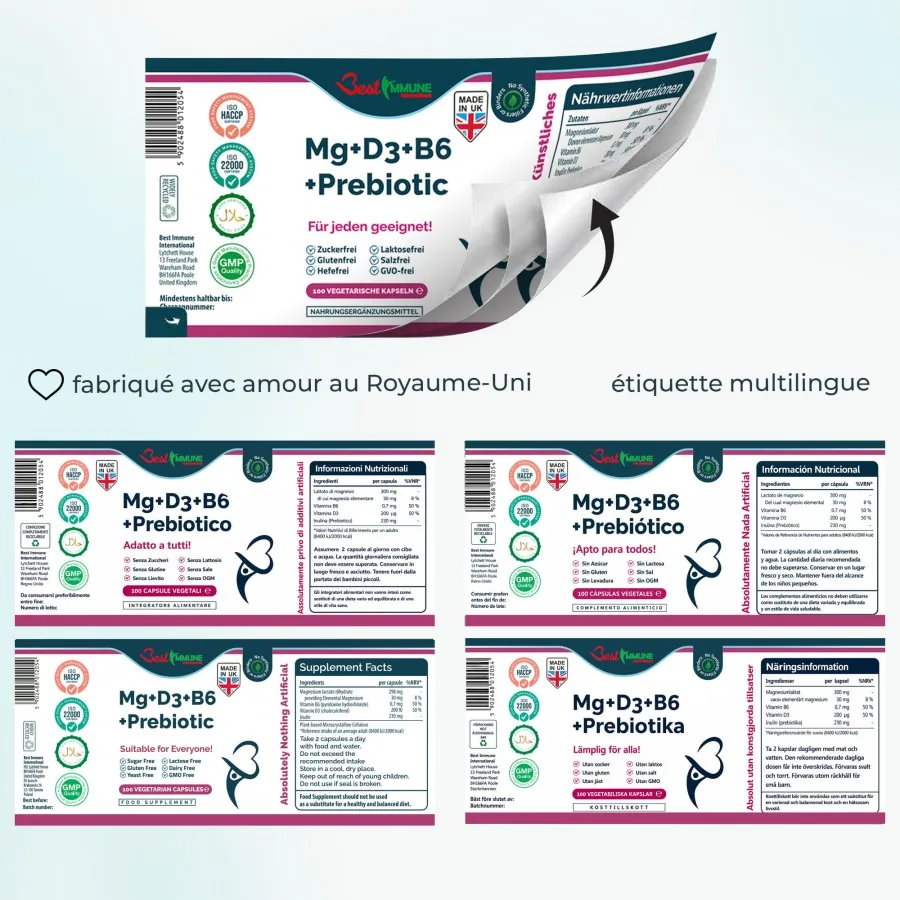 Immune Boost: magnesio, vitaminas B6 y D3 e inulina prebiótica, complejo natural Etiquetas multilingües del producto con información nutricional e ingredientes.