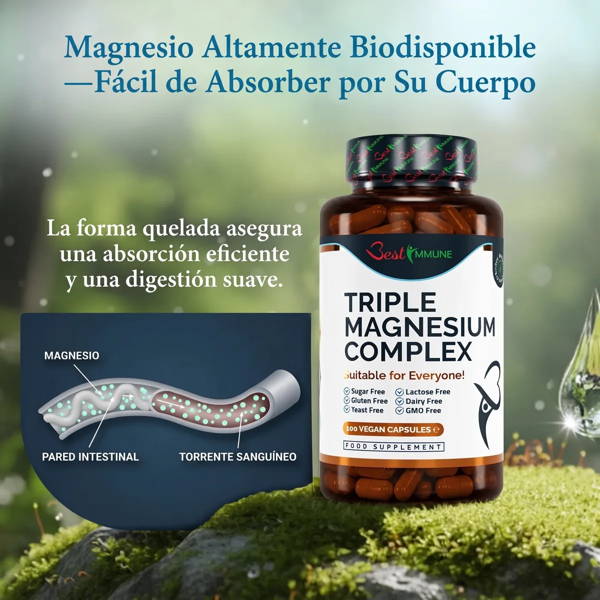 Complejo avanzado de triple magnesio, potencia ideal: citrato, L-ascorbato y óxido de magnesio, 100 cápsulas veganas, producto natural Frasco de Triple Magnesium Complex junto a un diagrama de absorción intestinal.