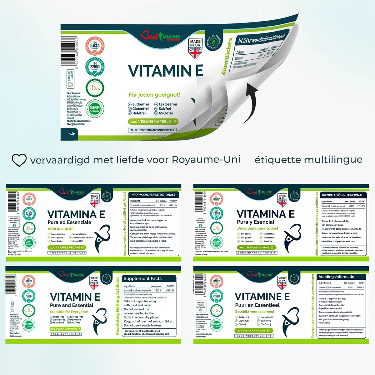Vitamina E natural 500iu mejorada, 100 cápsulas veganas en polvo, sin nada artificial Etiquetas multilingües con información nutricional del suplemento de vitamina E.