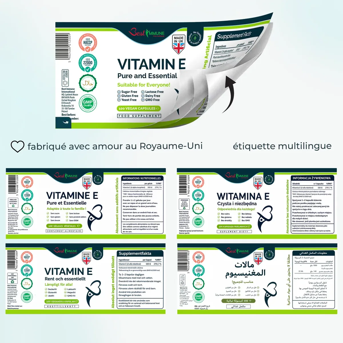 Vitamina E natural 500iu mejorada, 100 cápsulas veganas en polvo, sin nada artificial Etiqueta multilingüe desplegable con información nutricional del suplemento de vitamina E.