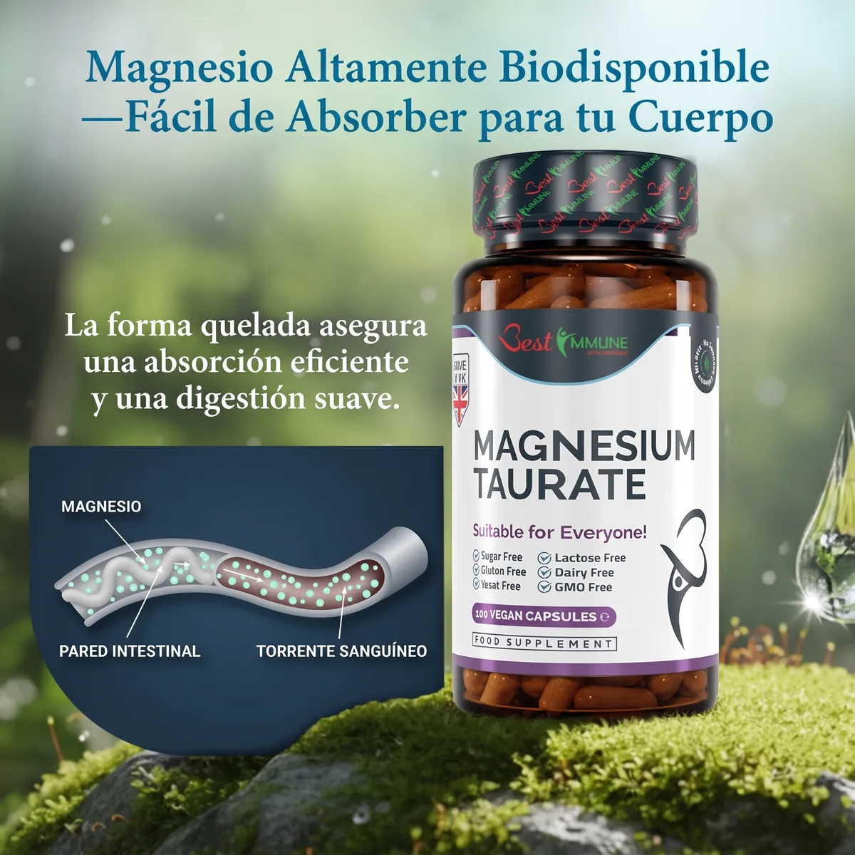 Taurato de magnesio natural 500mg, calidad premium, potencia ideal, 100 cápsulas veganas, máxima biodisponibilidad Frasco de cápsulas de taurato de magnesio junto a un diagrama de absorción intestinal.