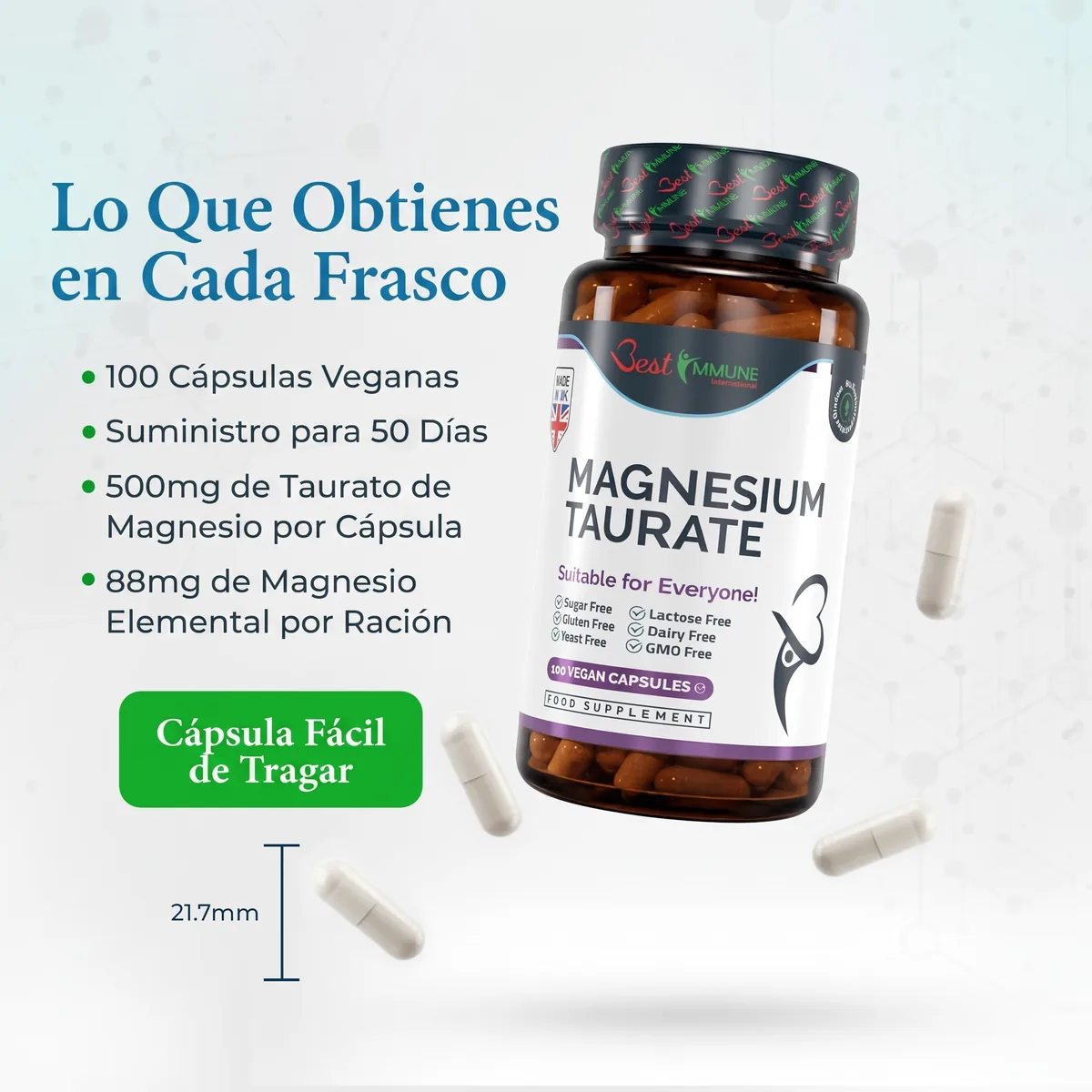 Taurato de magnesio natural 500mg, calidad premium, potencia ideal, 100 cápsulas veganas, máxima biodisponibilidad Frasco de taurato de magnesio junto a cápsulas, indicación de su tamaño y detalles del contenido.