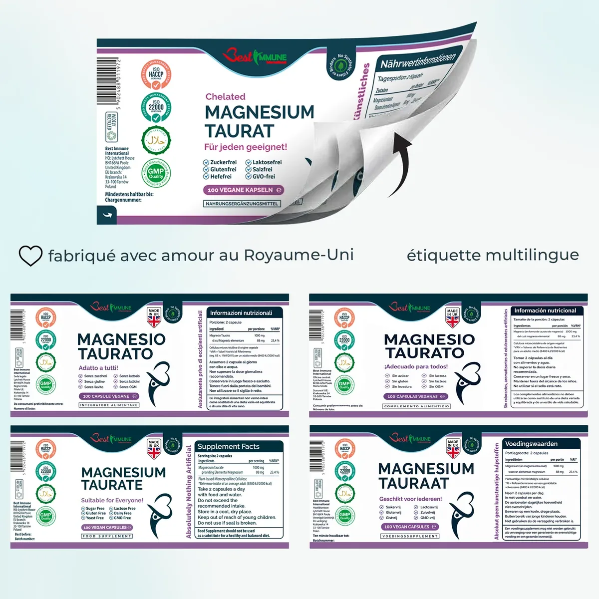 Taurato de magnesio natural 500mg, calidad premium, potencia ideal, 100 cápsulas veganas, máxima biodisponibilidad Etiquetas multilingües con información nutricional del taurato de magnesio.