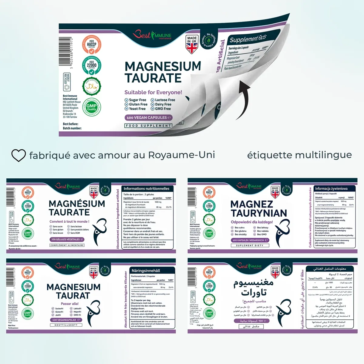 Taurato de magnesio natural 500mg, calidad premium, potencia ideal, 100 cápsulas veganas, máxima biodisponibilidad Etiqueta desplegable y versiones en varios idiomas del suplemento de taurato de magnesio.