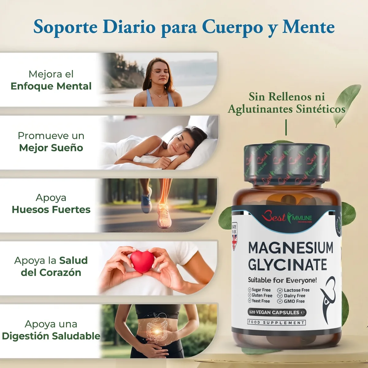 Bisglicinato de magnesio natural 1000mg por dosis, calidad premium, potencia ideal, 120 cápsulas veganas, máxima biodisponibilidad Frasco de glicinato de magnesio junto a una lista ilustrada de beneficios.
