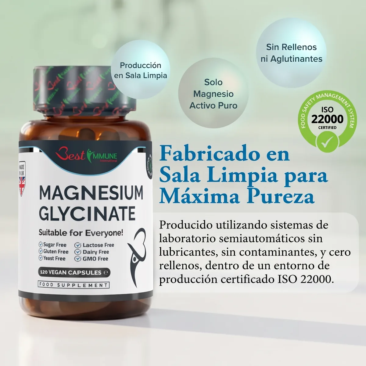 Bisglicinato de magnesio natural 1000mg por dosis, calidad premium, potencia ideal, 120 cápsulas veganas, máxima biodisponibilidad Bote de glicinato de magnesio de 120 cápsulas con información sobre su fabricación.