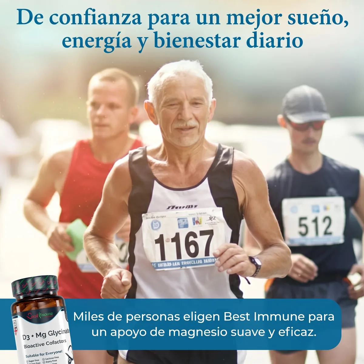 Complejo de bisglicinato de magnesio + D3 con cofactores esenciales, calidad premium, producto natural Un hombre mayor corriendo una carrera junto al frasco de magnesio y vitamina D3.