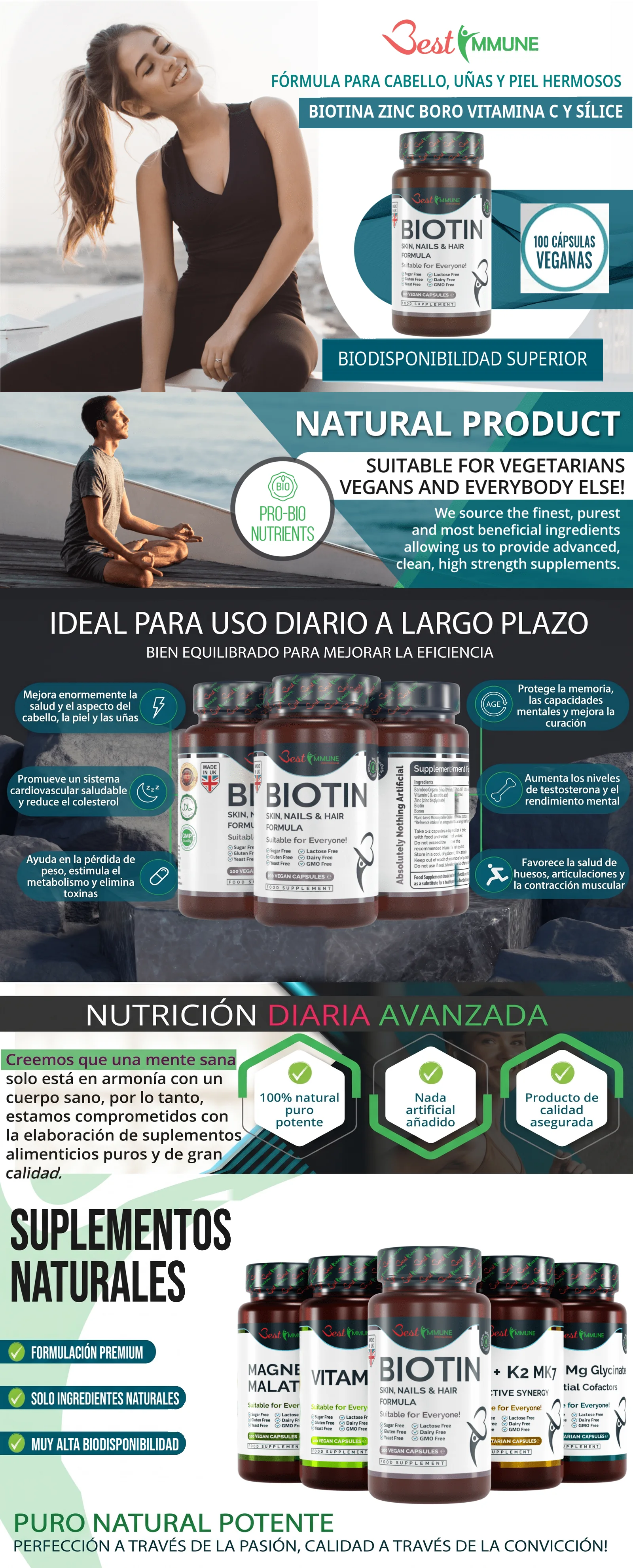 Infografía del suplemento de biotina de Best Immune detallando sus beneficios, características e ingredientes.