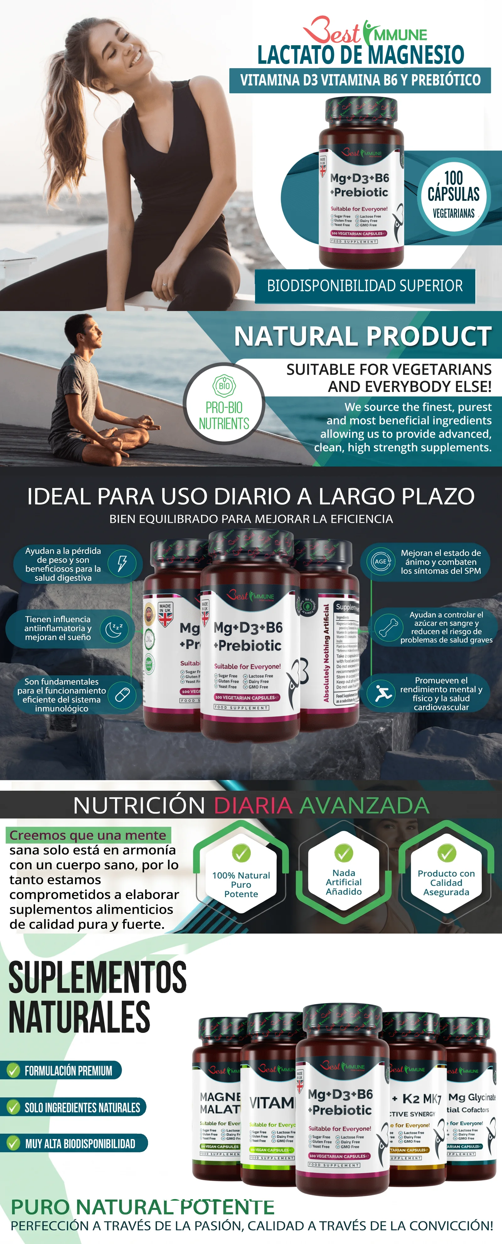 Infografía del suplemento de lactato de magnesio con vitaminas D3, B6 y prebiótico de Best Immune.