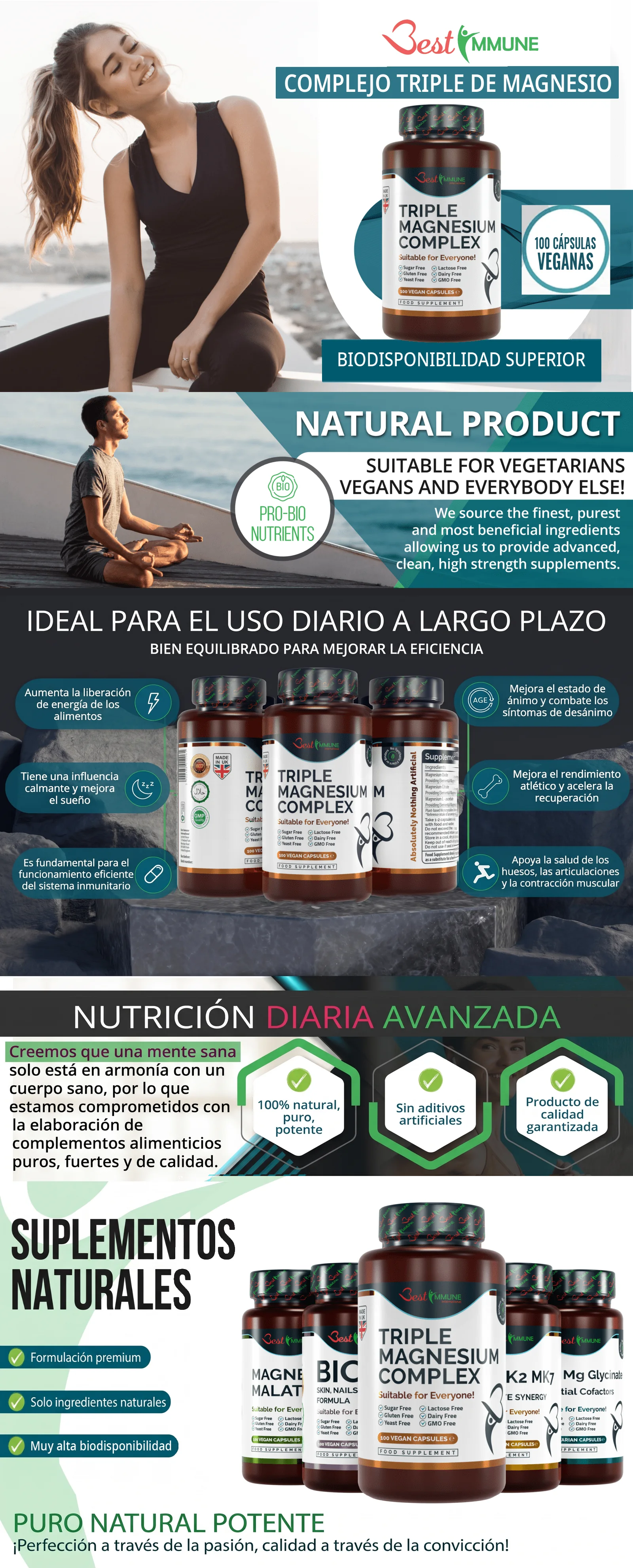 Infografía del suplemento Complejo Triple de Magnesio de Best Immune con sus características y beneficios.