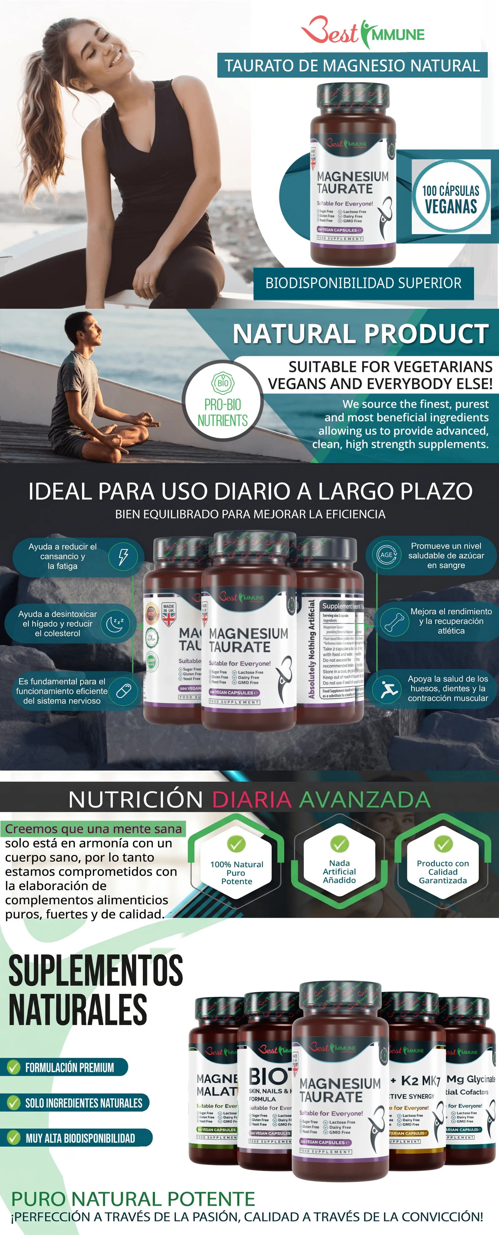 Infografía informativa sobre el suplemento taurato de magnesio natural de Best Immune y sus beneficios para la salud.