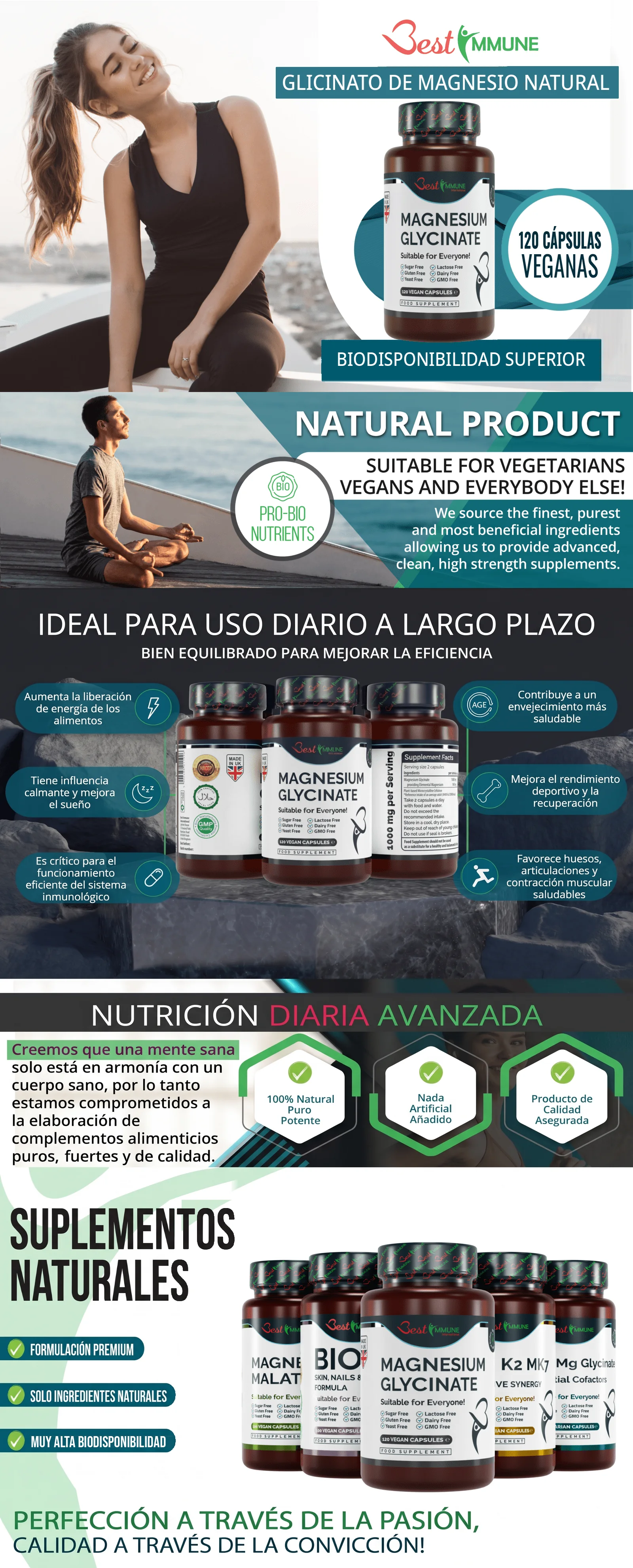 Infografía del suplemento de glicinato de magnesio natural destacando sus características y beneficios para la salud.