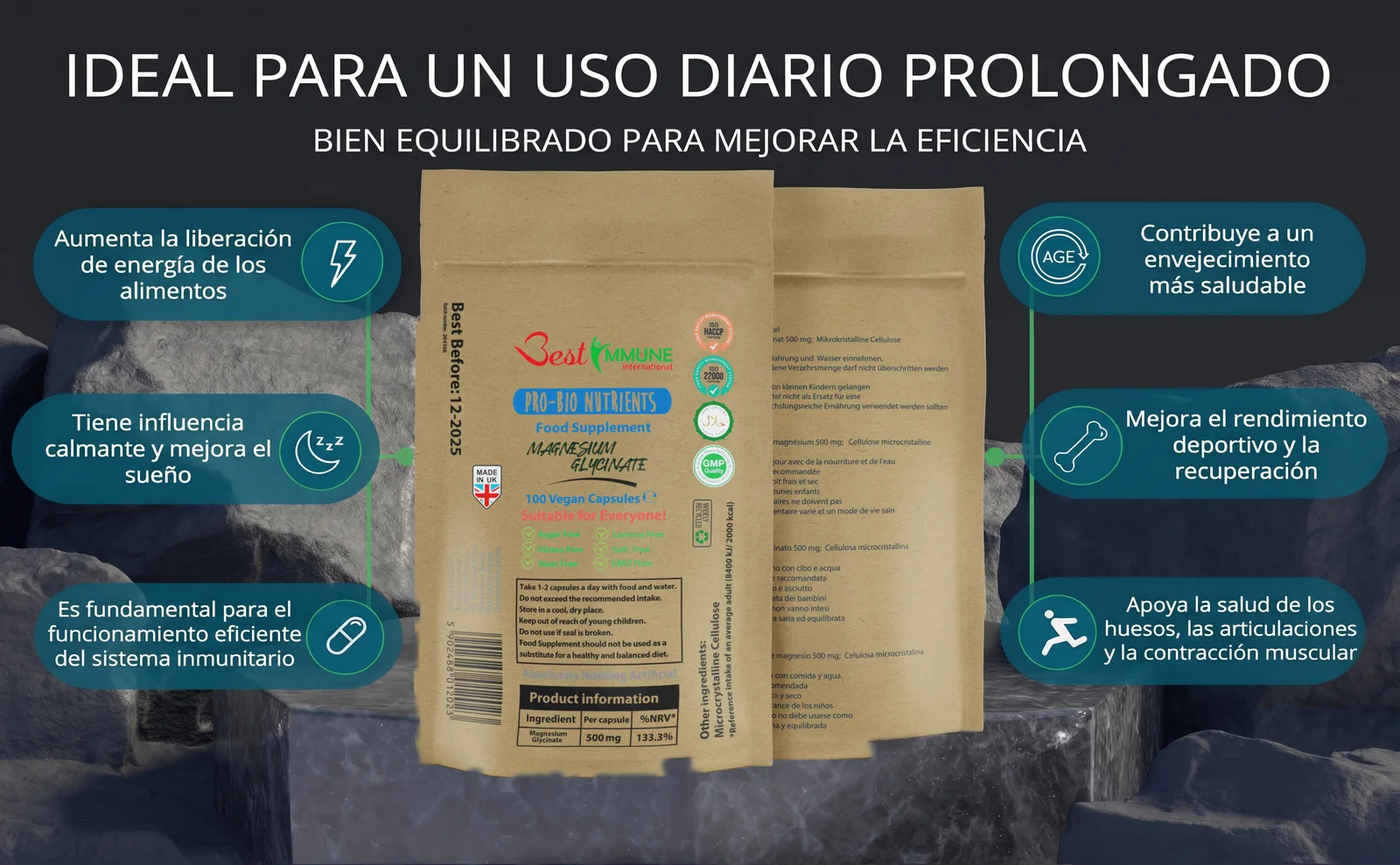 Bolsa de suplemento rodeada de sus beneficios para la salud, la energía, el sueño y el rendimiento físico.