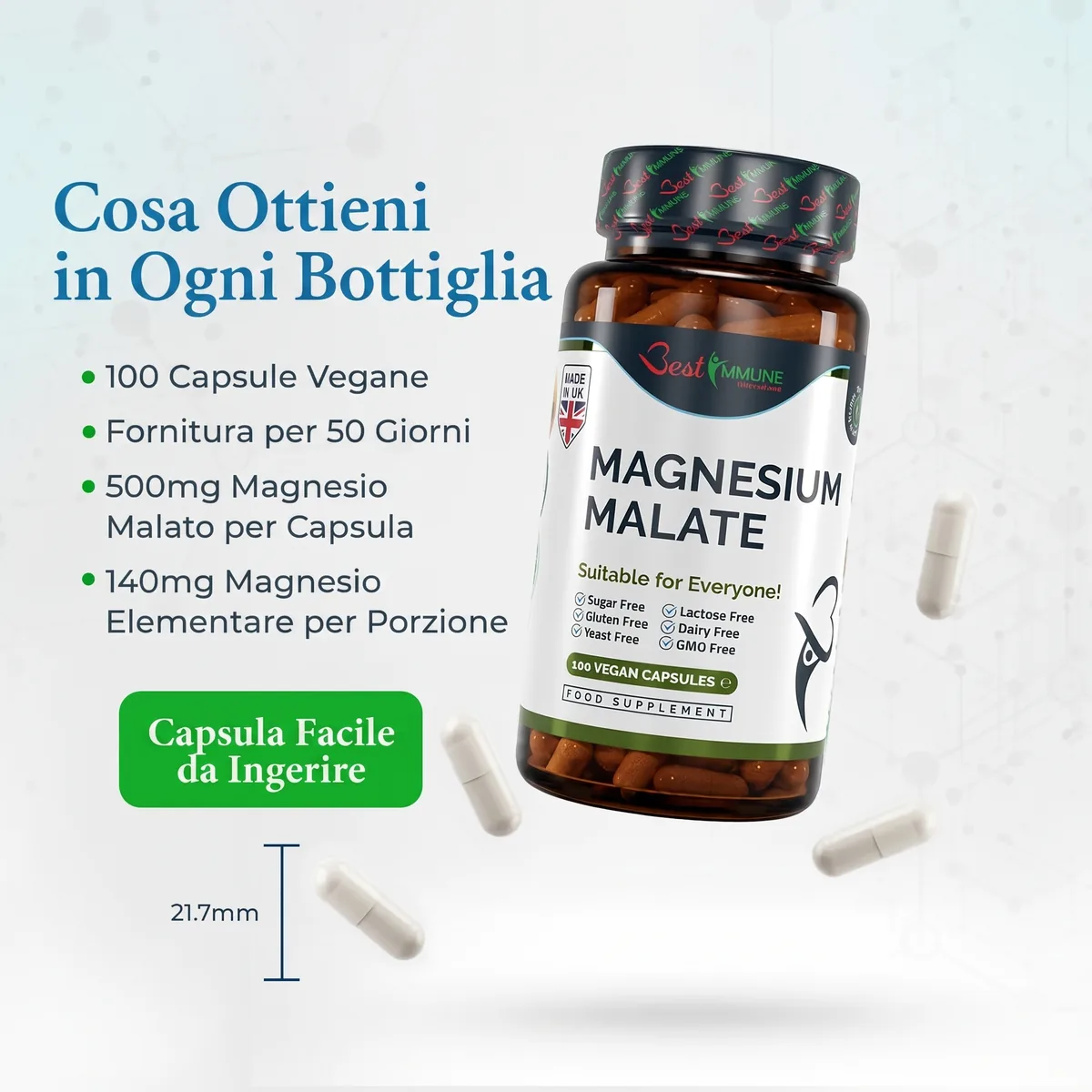 Magnesio malato naturale 500mg, grado premium, dosaggio ideale, 100 capsule vegane Flacone di magnesio malato, capsule e indicazione delle dimensioni di 21,7 mm.