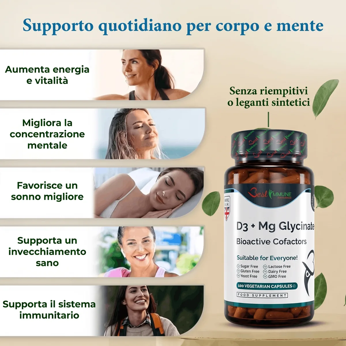 Complesso bioattivo D3 + Magnesio bisglicinato, qualità premium, prodotto naturale Flacone dell'integratore D3 e magnesio accanto a una lista di benefici e foto di persone.