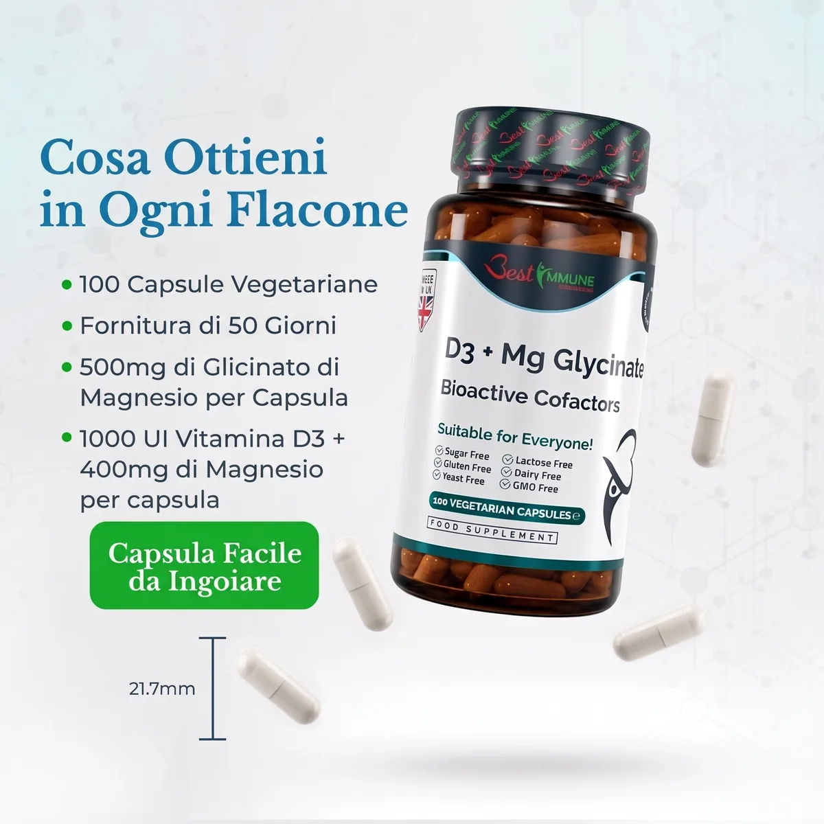Complesso bioattivo D3 + Magnesio bisglicinato, qualità premium, prodotto naturale Flacone di D3 e magnesio glicinato con capsule, misura di 21,7 mm e dettagli sul contenuto.