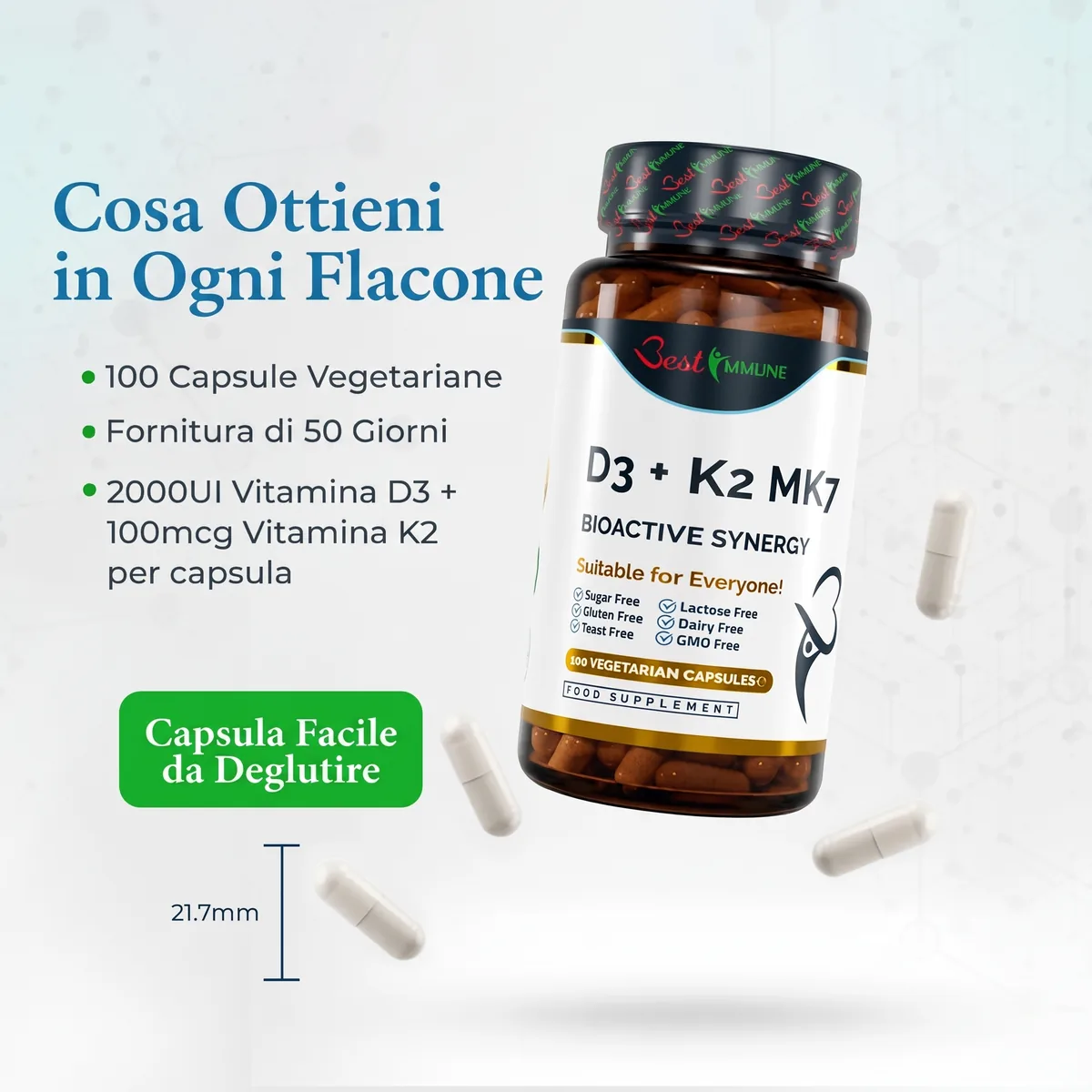 Vitamina D3 naturale 2000IU K2 MK7 100mcg, 100 capsule di grado farmaceutico Flacone di integratore D3 e K2 con capsule e indicazione delle dimensioni di 21,7 mm.