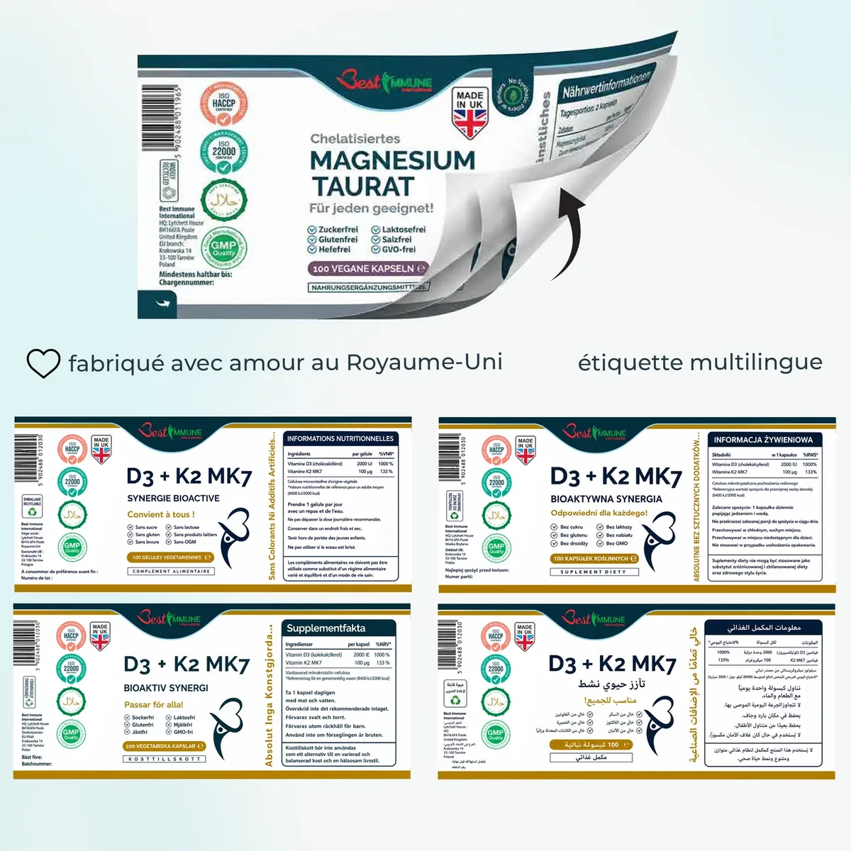 Vitamina D3 naturale 2000IU K2 MK7 100mcg, 100 capsule di grado farmaceutico Etichetta apribile multilingue del flacone con informazioni e valori nutrizionali.