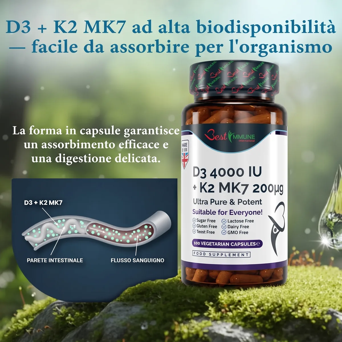Vitamina D3 naturale 4000IU K2 MK7 200mcg, 100 capsule di grado farmaceutico Flacone di integratore D3 e K2 MK7 con schema dell'assorbimento intestinale.
