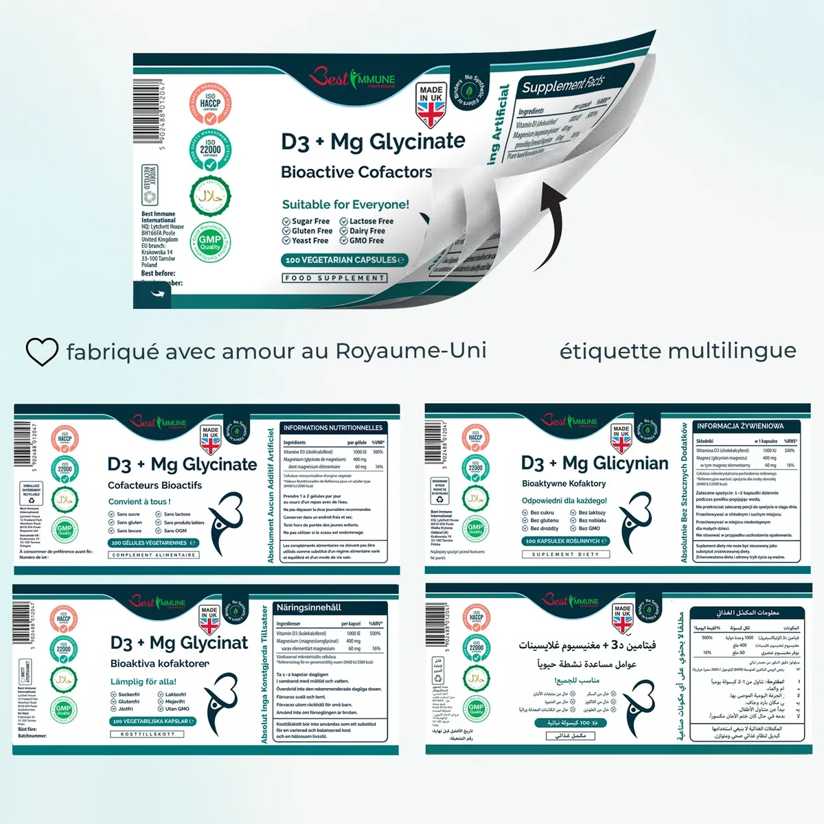 Magnesio bisglicinato + D3, complesso di cofattori essenziali, qualità premium, prodotto naturale Etichetta apribile con ingredienti e tabella nutrizionale dell'integratore in varie lingue.