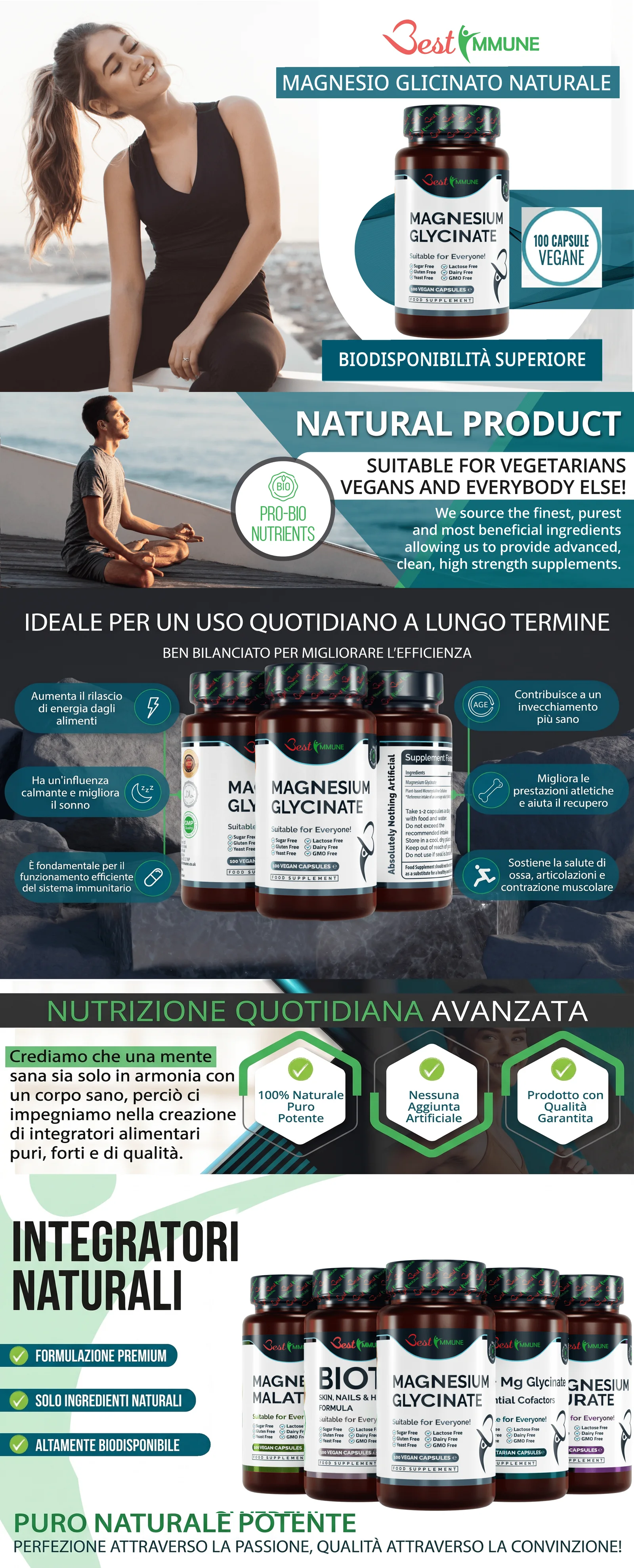 Infografica informativa sull'integratore Best Immune Magnesio Glicinato Naturale, con benefici e caratteristiche.