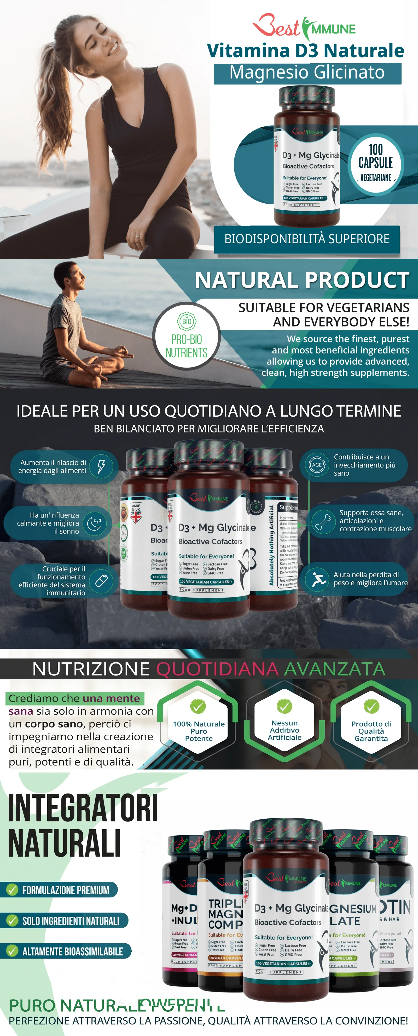 Infografica dell'integratore Best Immune Vitamina D3 e Magnesio Glicinato con benefici e proprietà del prodotto.