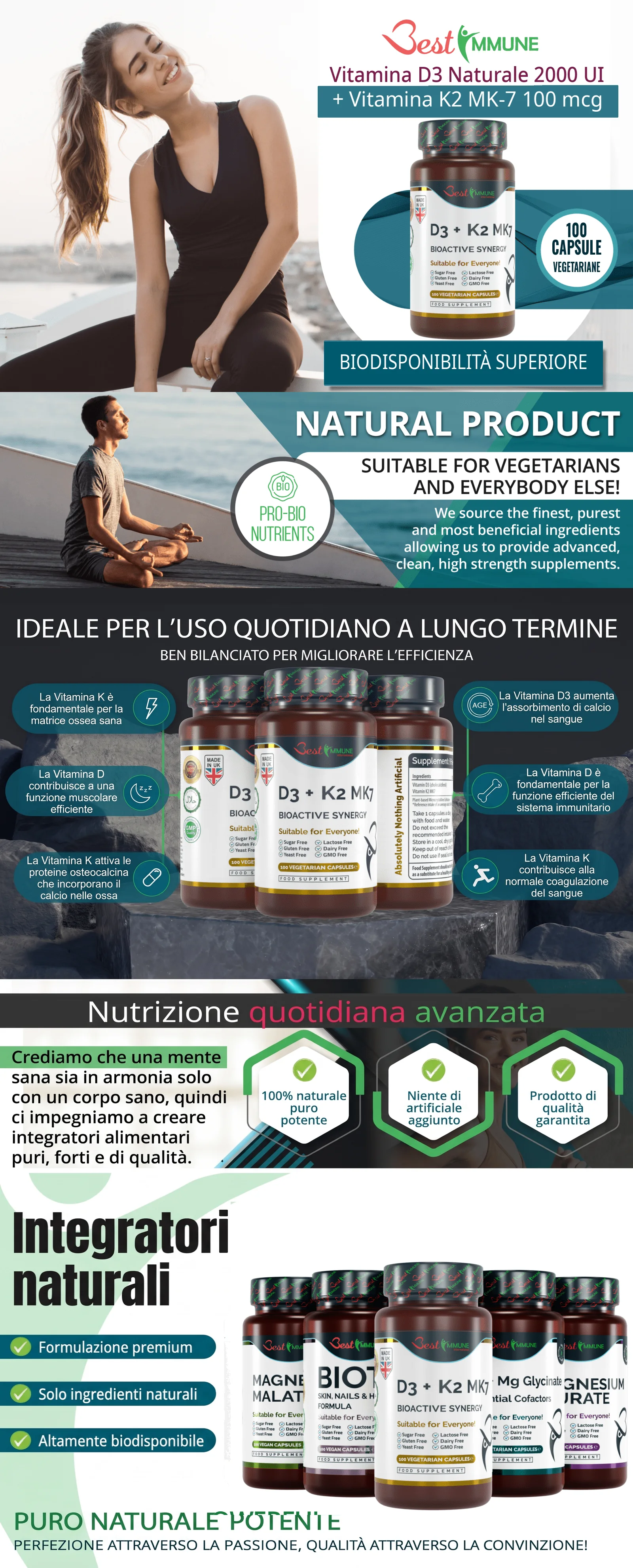 Infografica informativa sull'integratore naturale di Vitamina D3 e K2 MK-7 con benefici e caratteristiche.