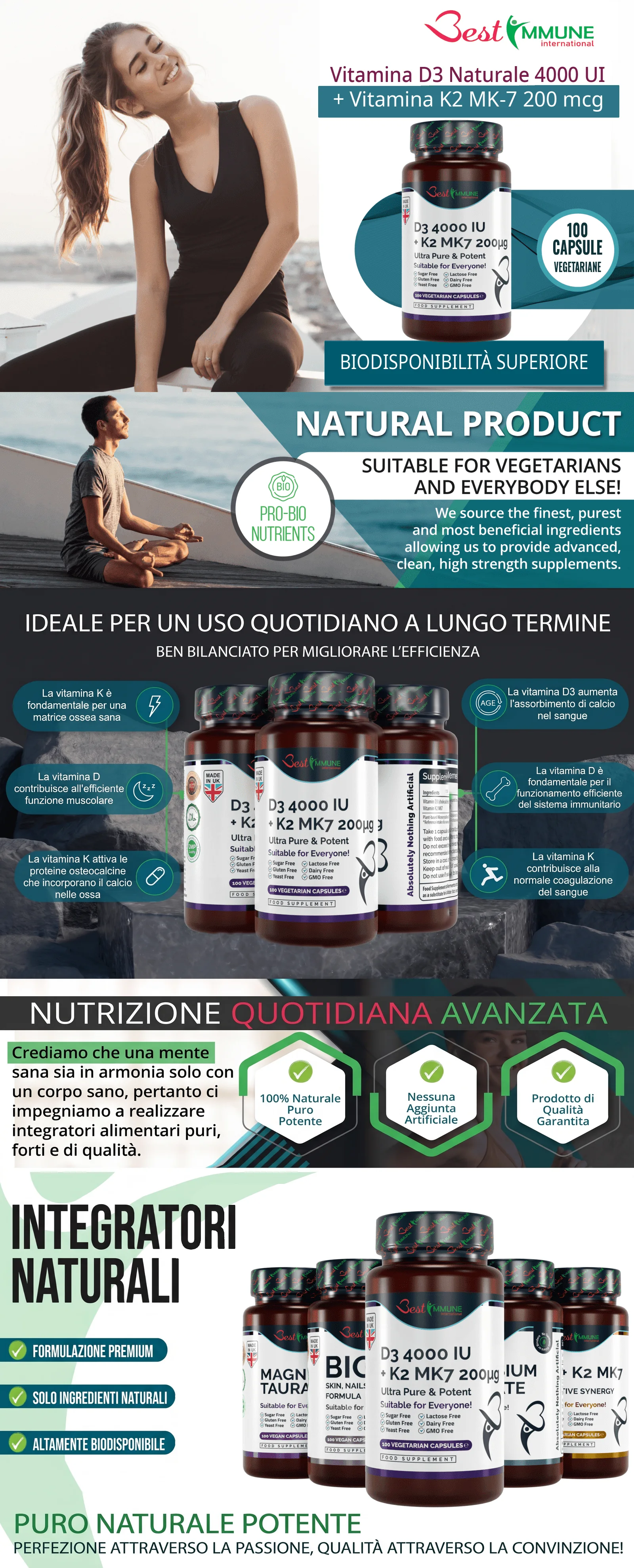 Infografica dell'integratore Vitamina D3 e K2 di Best Immune con caratteristiche e benefici per la salute.