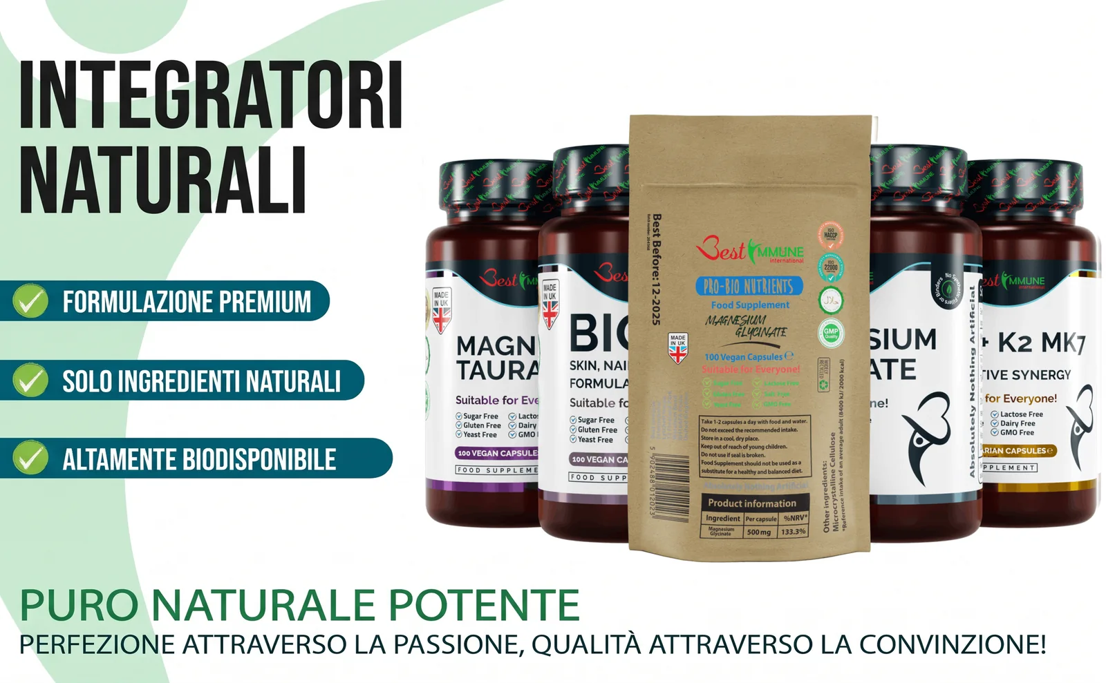 Flaconi e confezione di integratori alimentari naturali con i principali punti di forza.