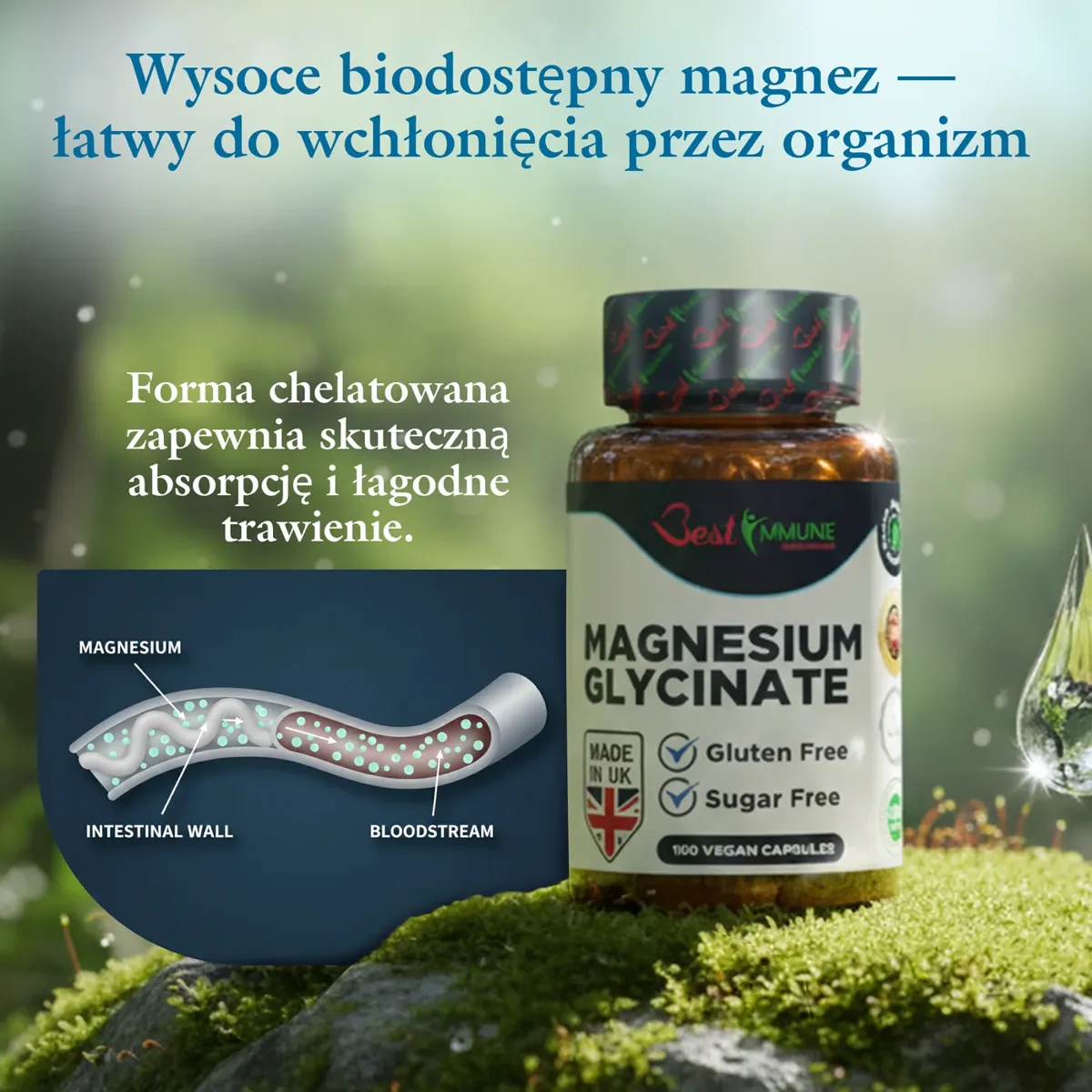Ulepszony glicynian magnezu 500mg Bez sztucznych dodatków 100 kapsułek wegańskich Butelka Magnesium Glycinate ze schematem wchłaniania magnezu do krwiobiegu.