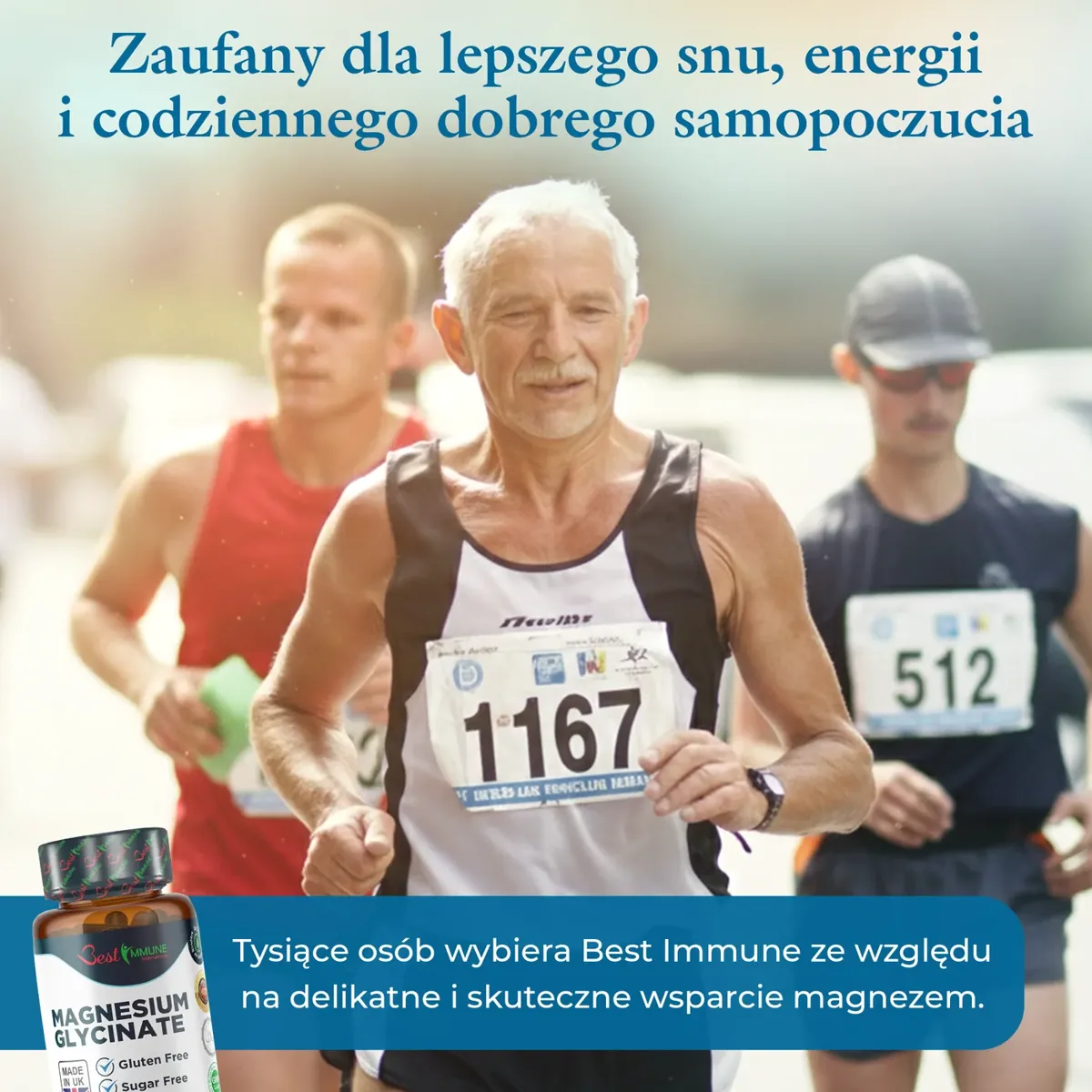 Ulepszony glicynian magnezu 500mg Bez sztucznych dodatków 100 kapsułek wegańskich Starszy mężczyzna biegnący w maratonie i butelka suplementu Magnesium Glycinate w rogu.